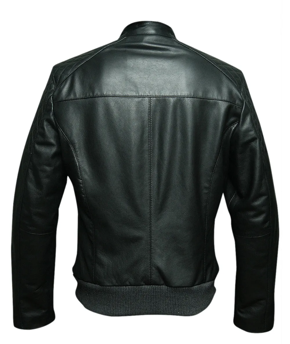 ICONIC BLACK MEN'S LEATHER JACKET WITH QUILTED SLEEVE