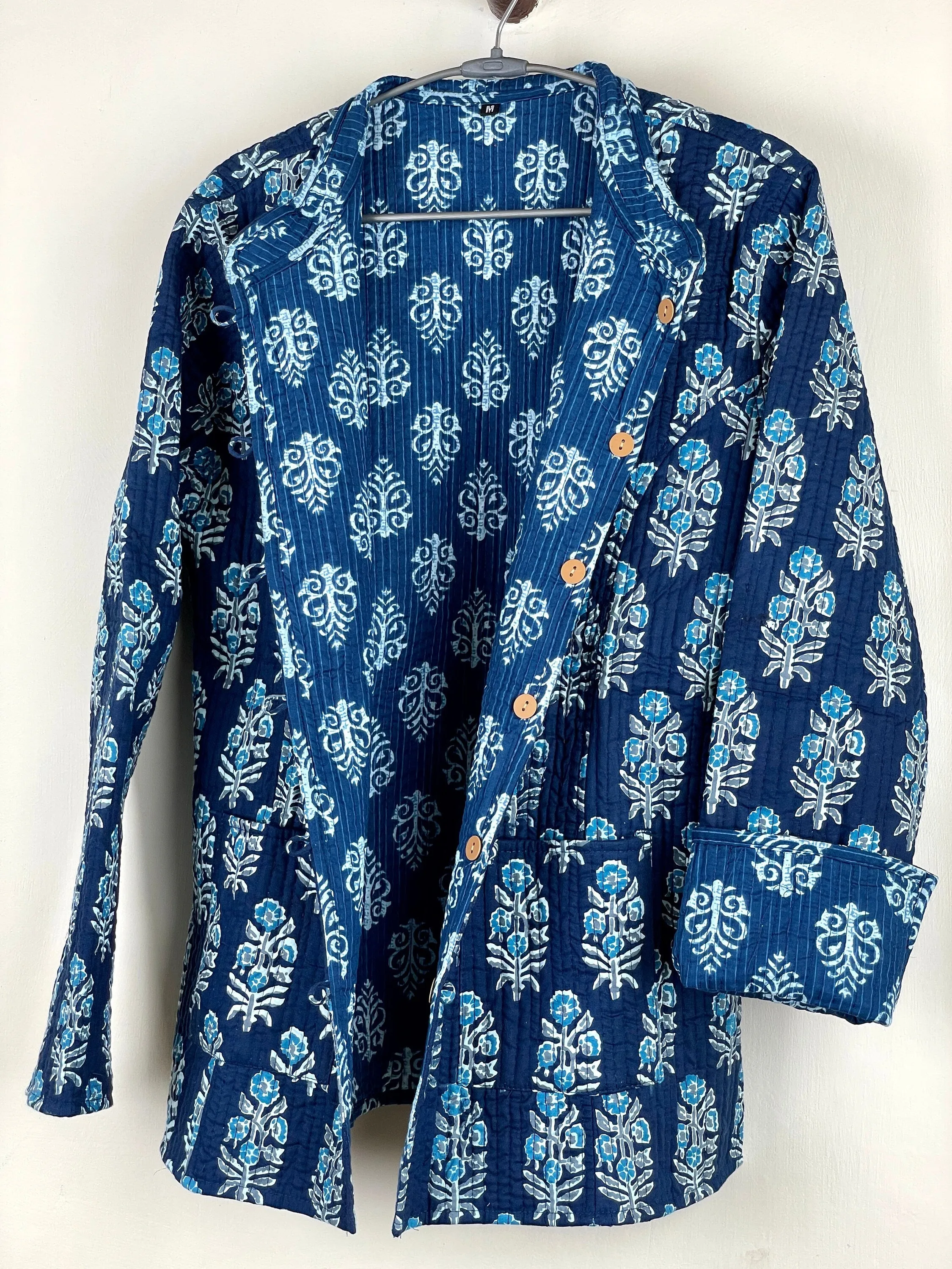 Indian Handmade Quilted Cotton Fabric Jacket Stylish Blue & White Floral Women's Coat, Reversible Waistcoat, Christmas Gift for Her