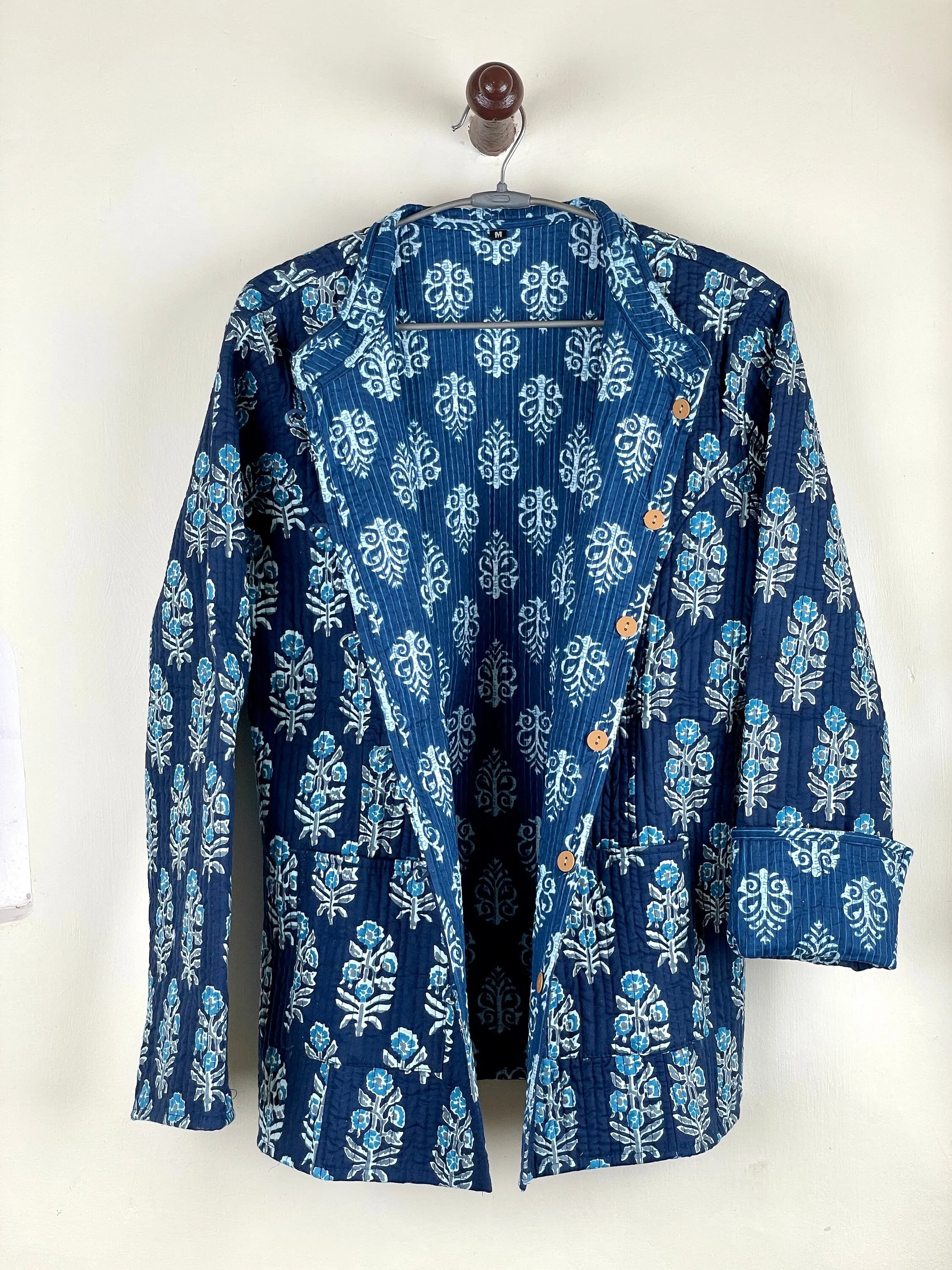 Indian Handmade Quilted Cotton Fabric Jacket Stylish Blue & White Floral Women's Coat, Reversible Waistcoat, Christmas Gift for Her