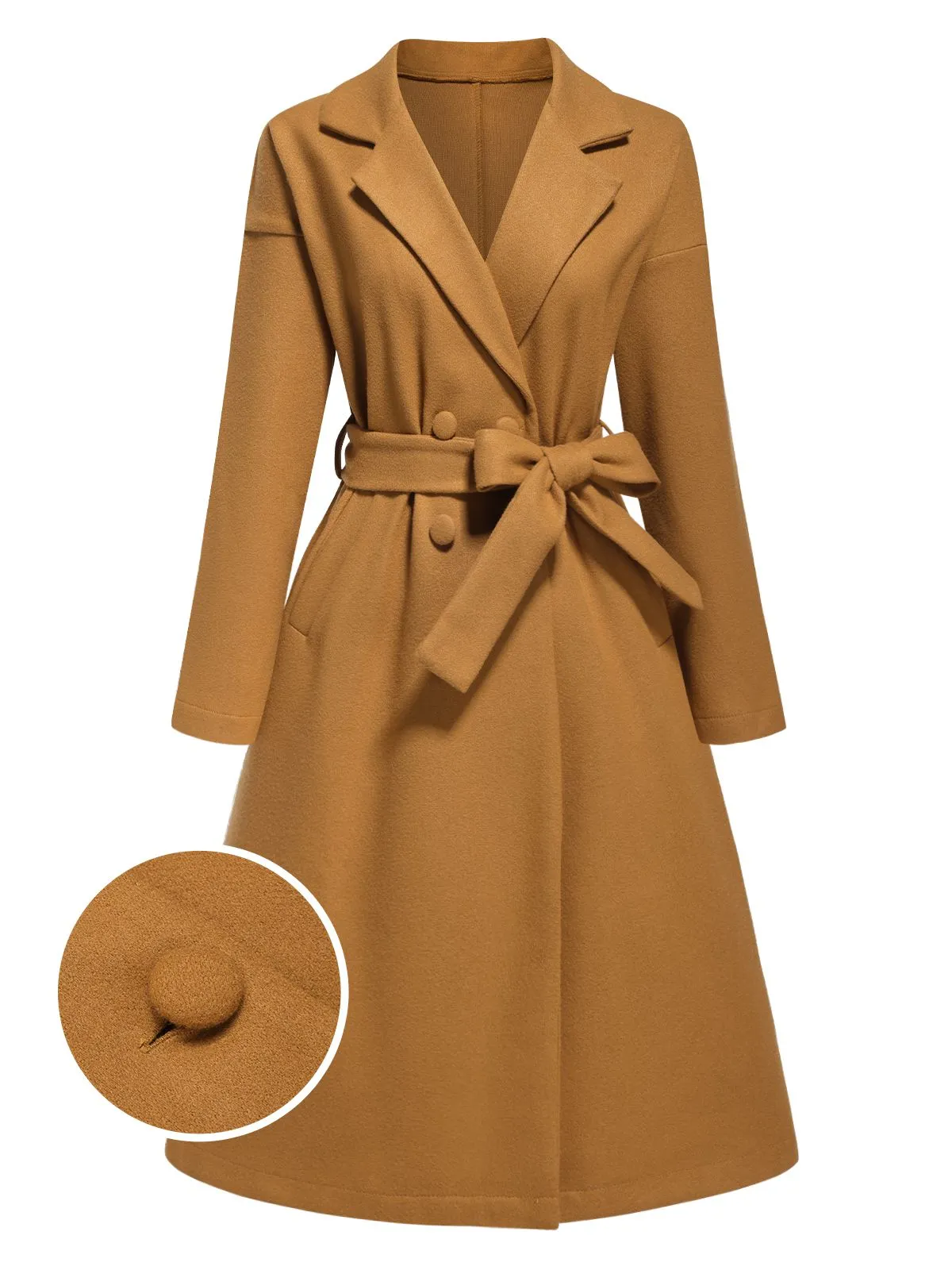 Khaki 1960s Turn-Up Collar Solid Belted Coat