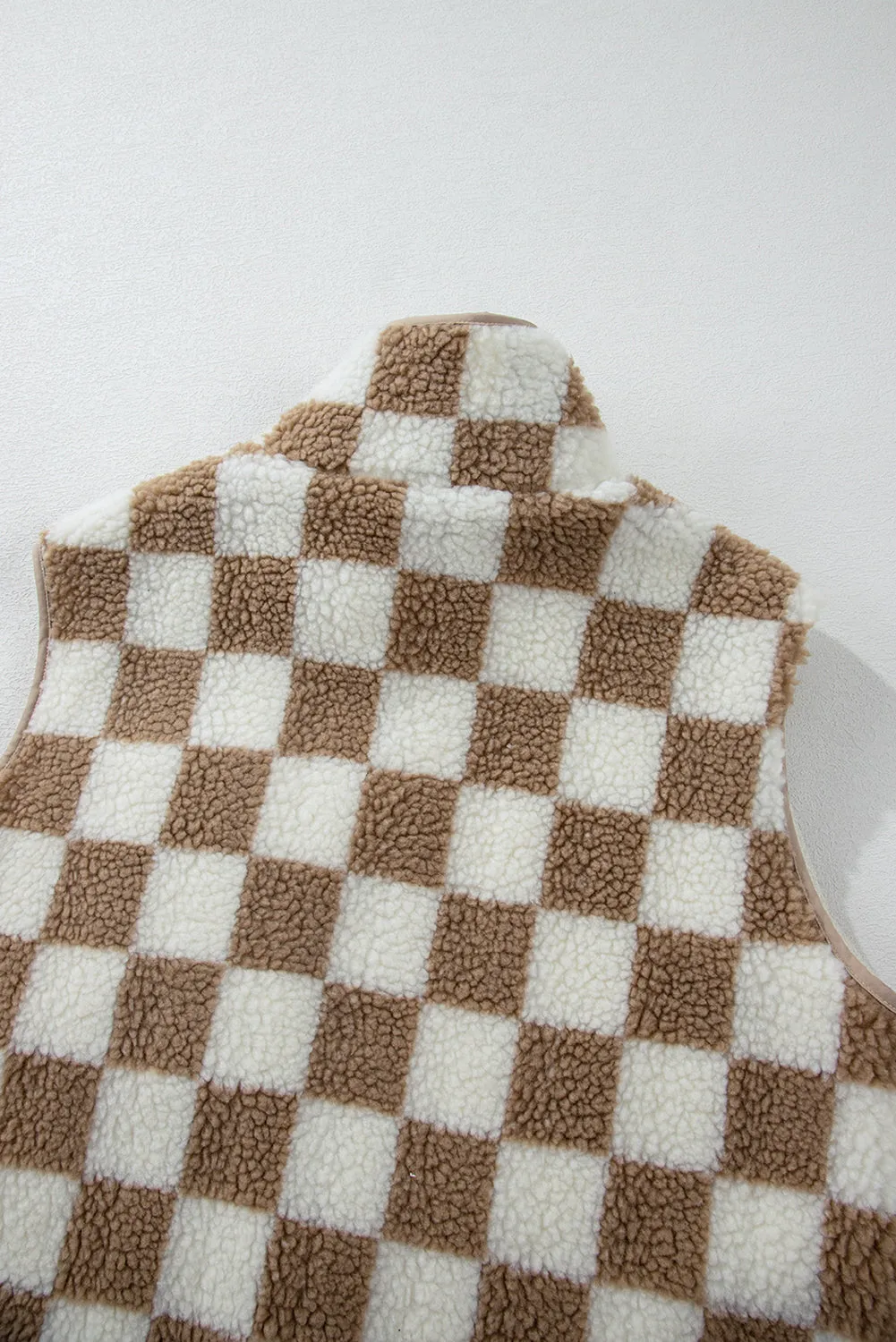 Khaki Checkered Sherpa Collared Jacket Vest