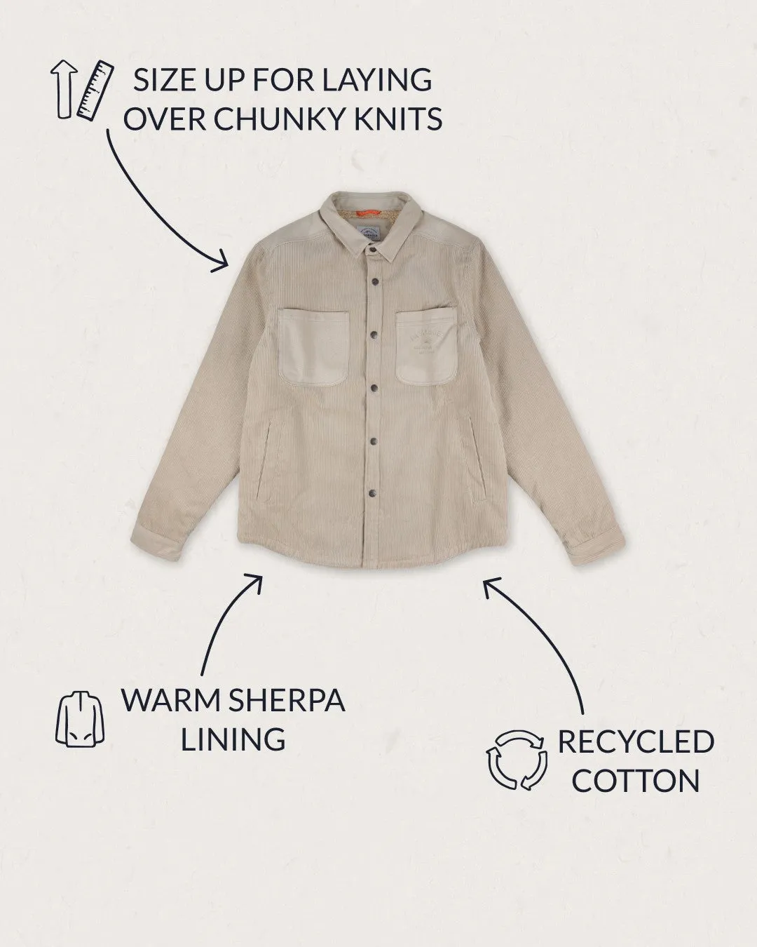 Kodiak Sherpa Lined Cord Overshirt - Feather Grey