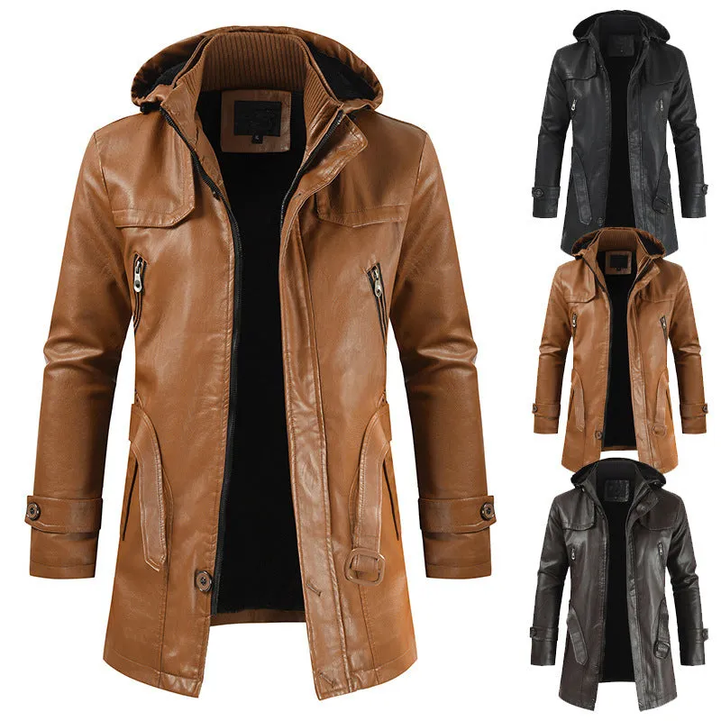 Leather jacket hooded slim coat