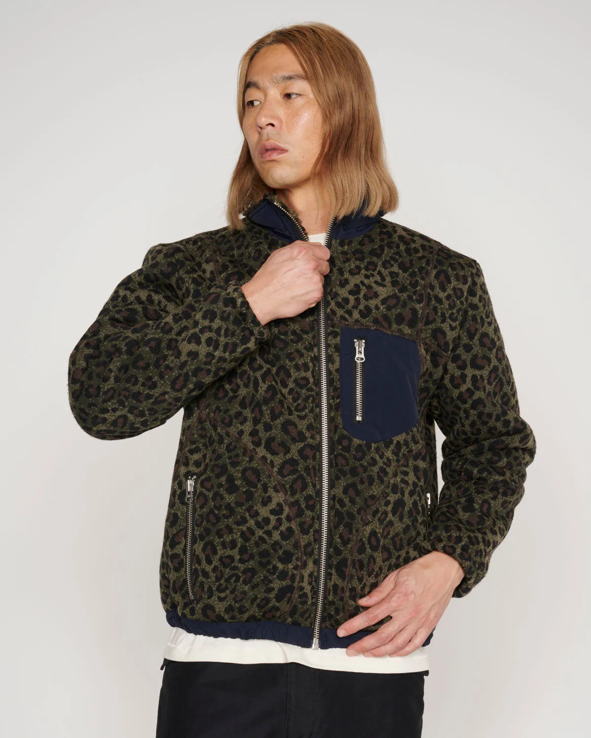 Leopard Reverse Sherpa Jacket - Olive