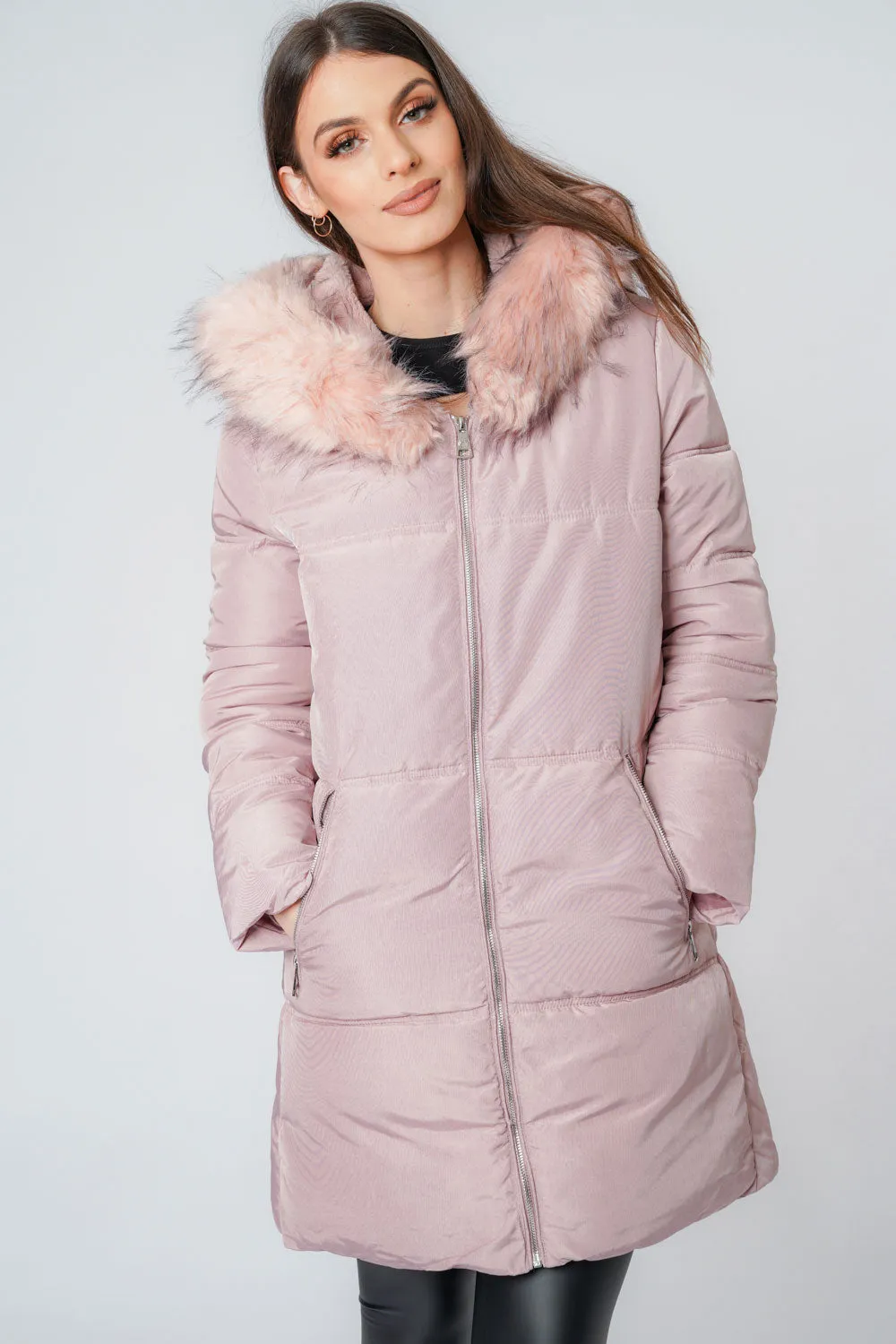 Long Quilted Faux Fur Hooded Coat