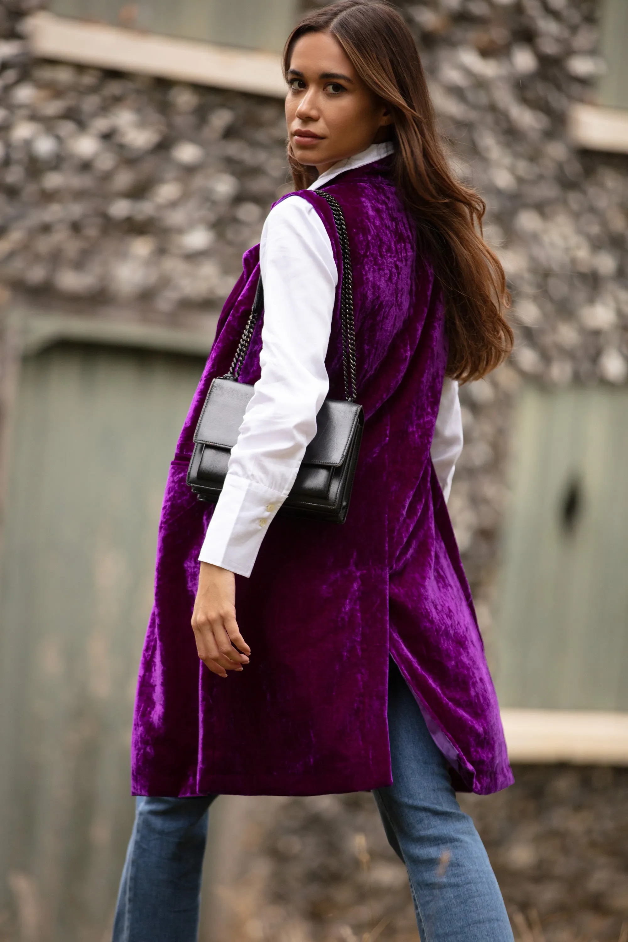 Long Silk Velvet Waistcoat In Violet