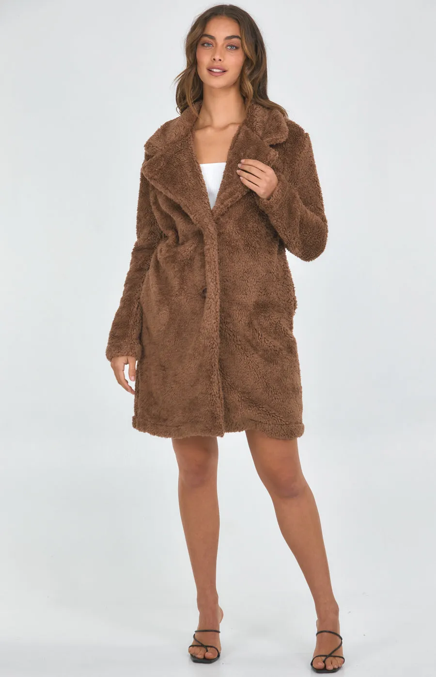 Longline Fluffy Teddy Coat With Functional Pockets