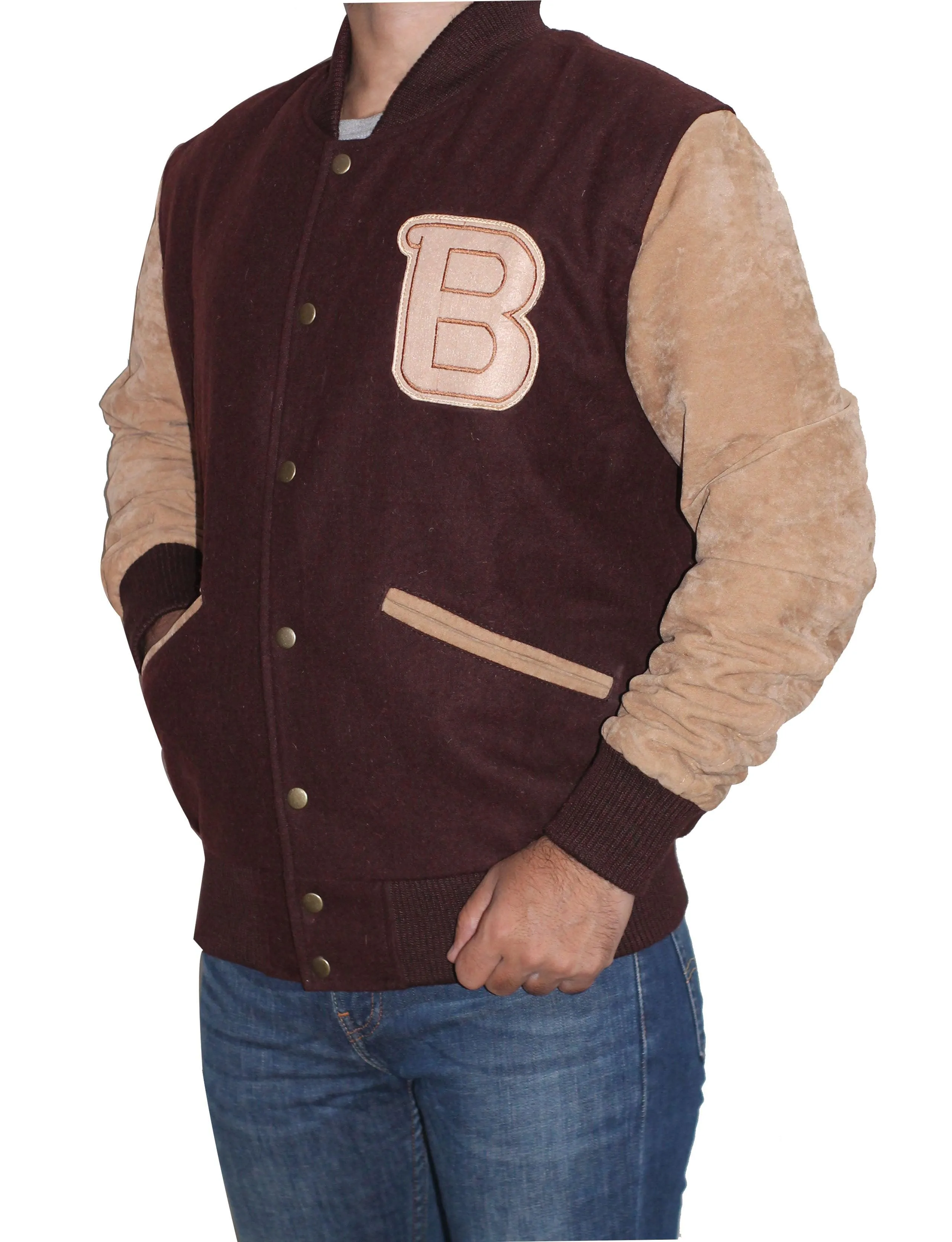 Men Varsity Wool Bomber Jacket - Brown