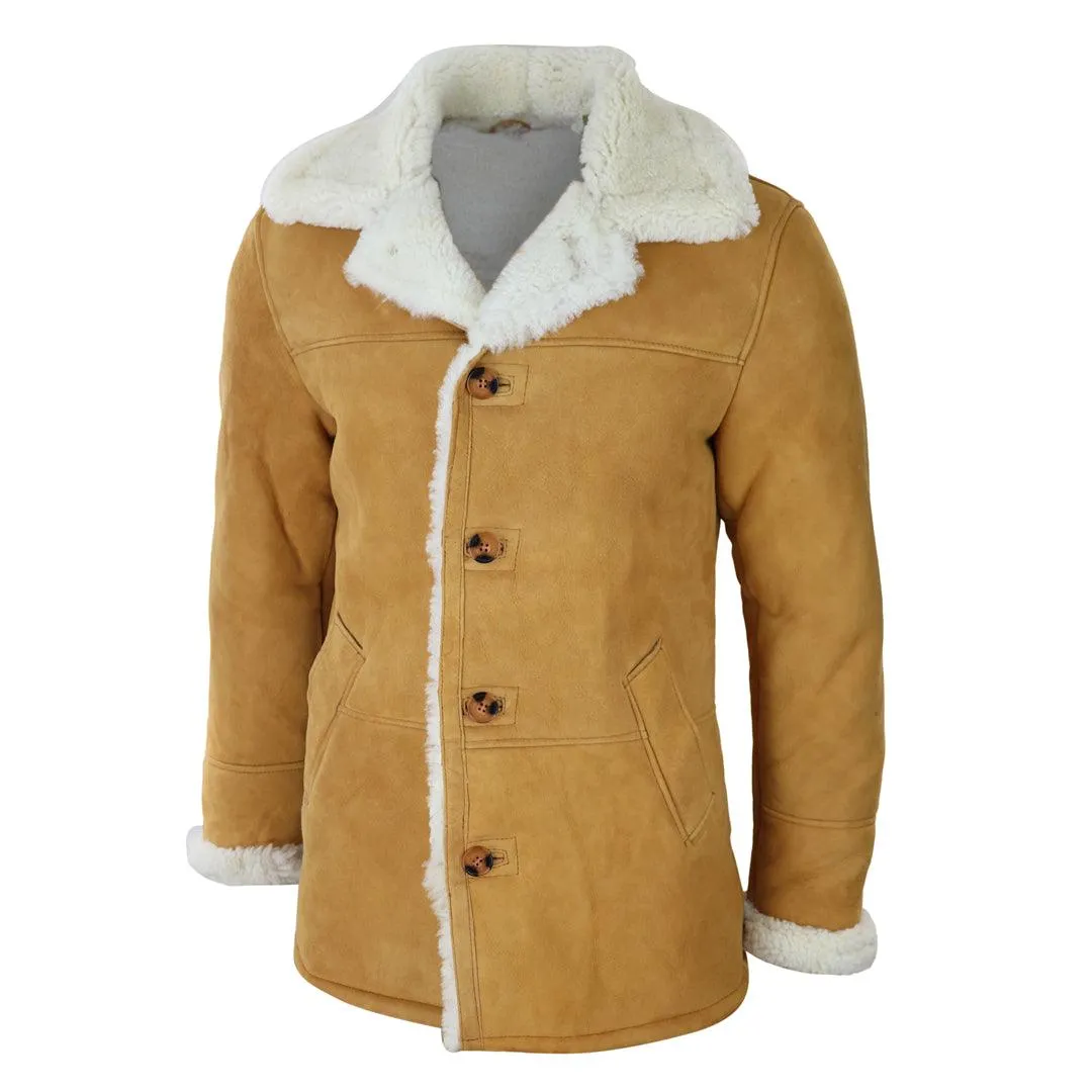 Mens 3/4 Genuine Sheepskin Coat Classic Tan Brown Camel Jacket Cream Fur