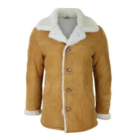 Mens 3/4 Genuine Sheepskin Coat Classic Tan Brown Camel Jacket Cream Fur