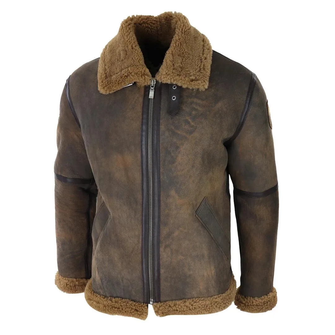 Mens Brown Distressed Real Sheepskin Flying Jacket Camel Fur Zipped Classic Winter