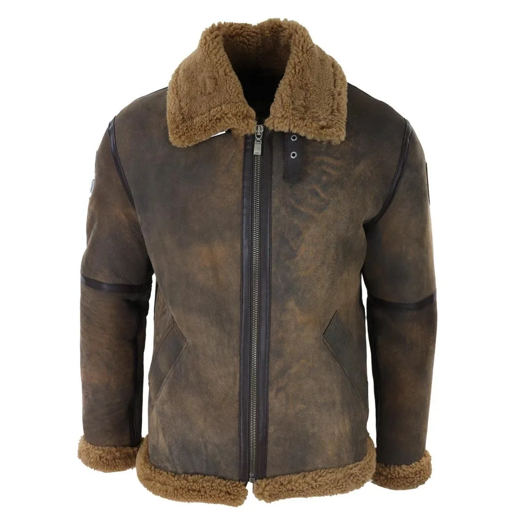 Mens Brown Distressed Real Sheepskin Flying Jacket Camel Fur Zipped Classic Winter