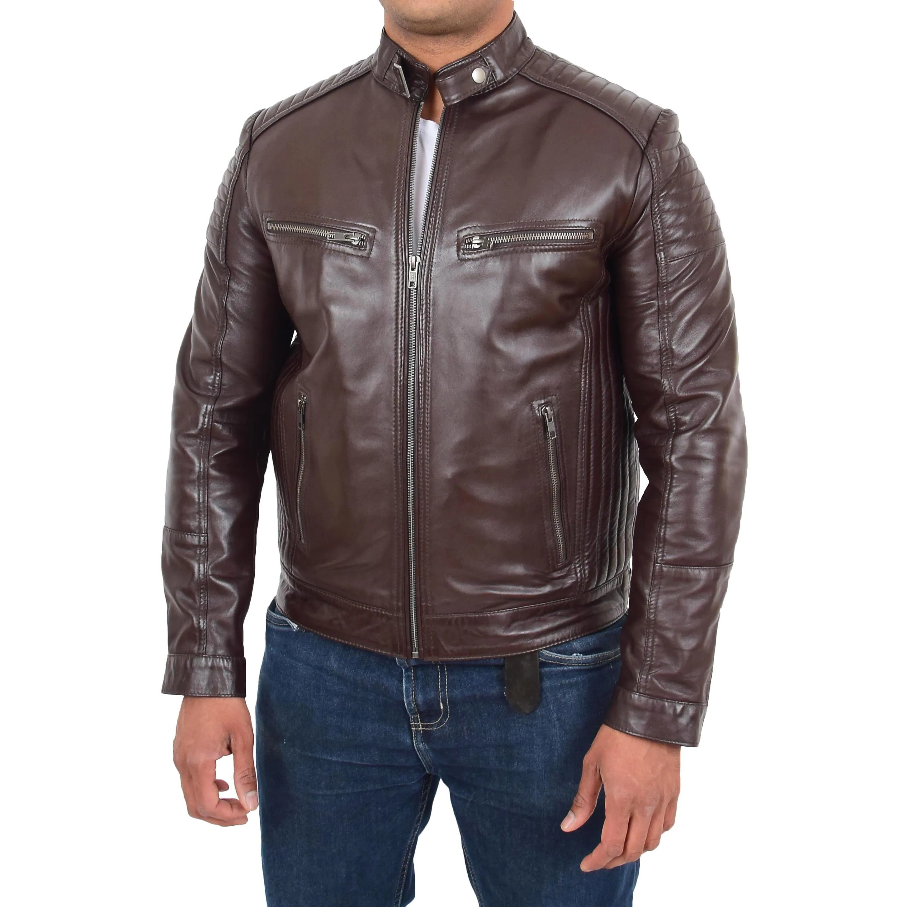 Mens Café Racer Biker Leather Jacket Teddy Brown