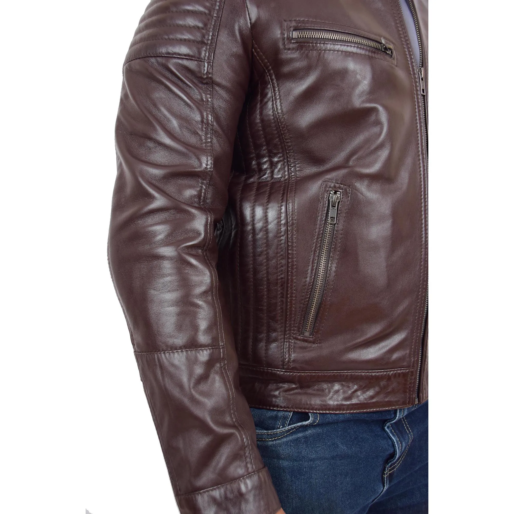 Mens Café Racer Biker Leather Jacket Teddy Brown