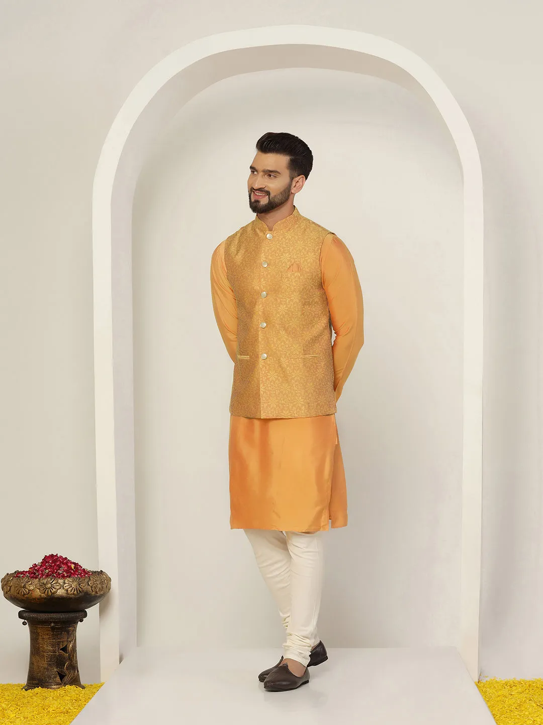 Men's Mustard Kurta Jacket Churidar Set