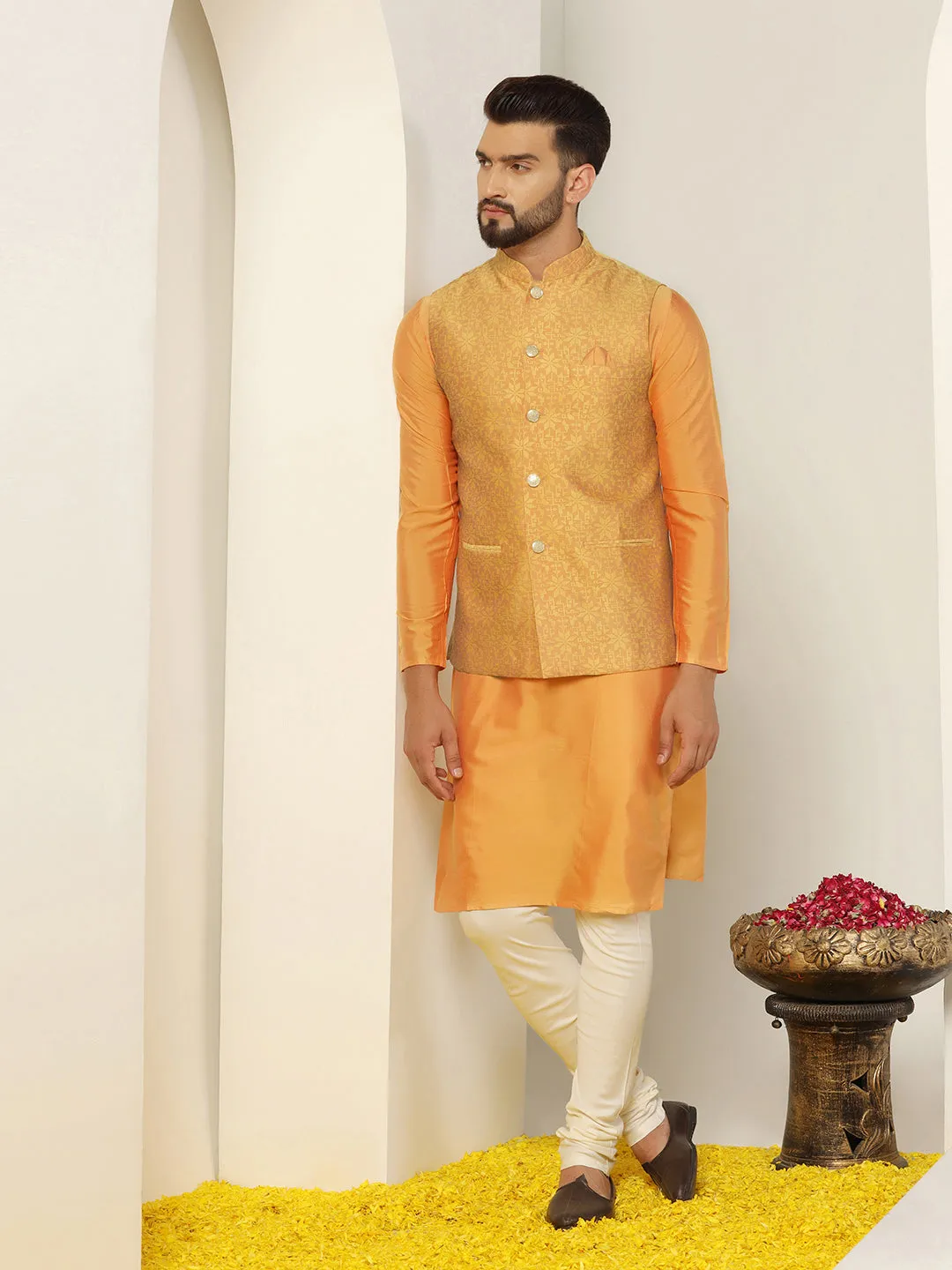 Men's Mustard Kurta Jacket Churidar Set