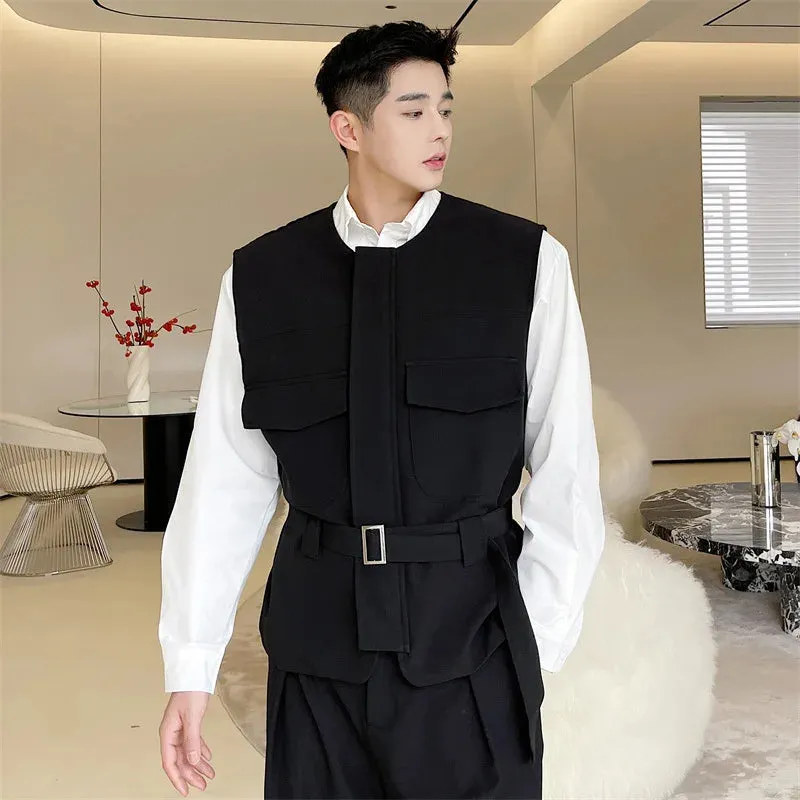 Men's Wear Korean Trendy Girdle Vest Male 2023 New Autumn Round Collar Sinel Breasted Sleeveless Clothing With Belt 9A0977