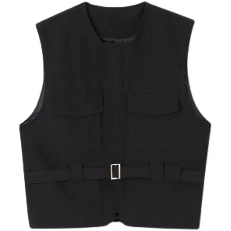 Men's Wear Korean Trendy Girdle Vest Male 2023 New Autumn Round Collar Sinel Breasted Sleeveless Clothing With Belt 9A0977