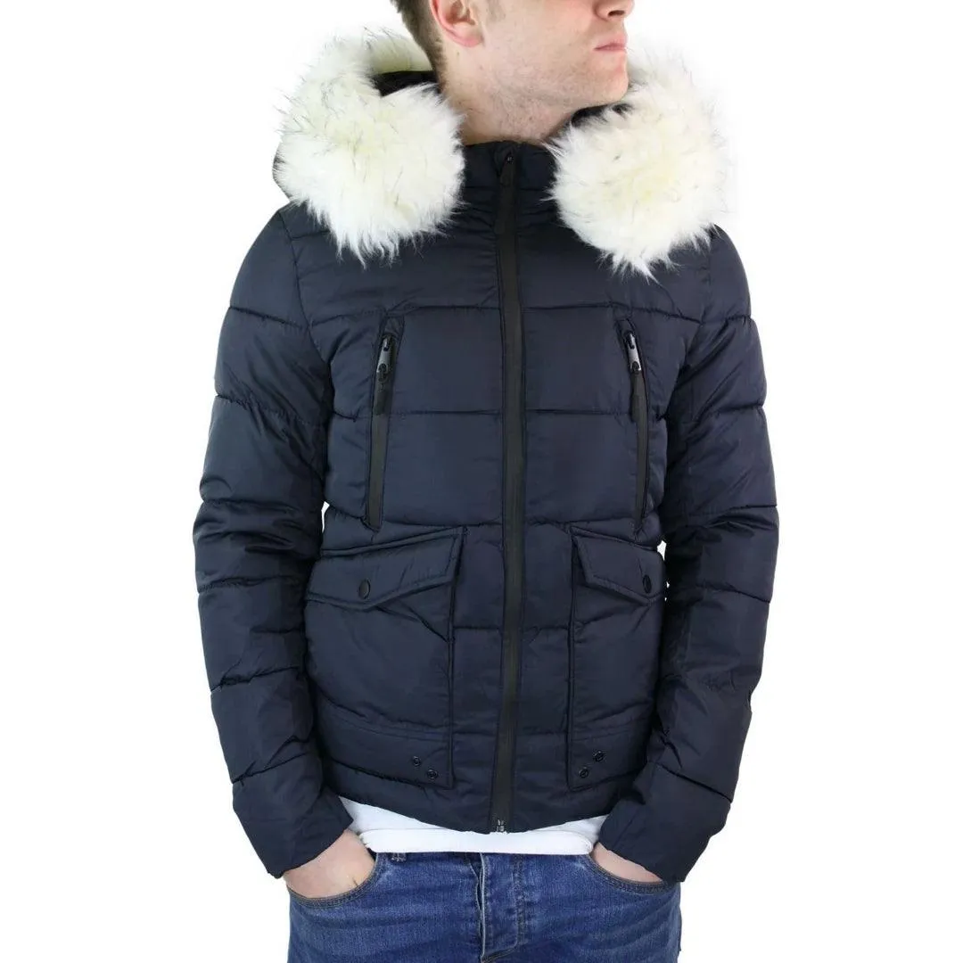 Mens Zip Hooded Fur Jacket Coat Puffer Quilted Warm Winter