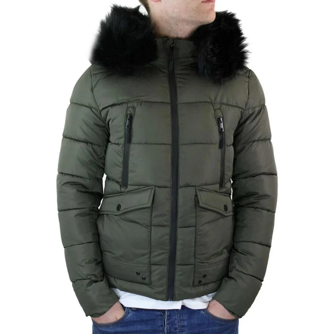 Mens Zip Hooded Fur Jacket Coat Puffer Quilted Warm Winter