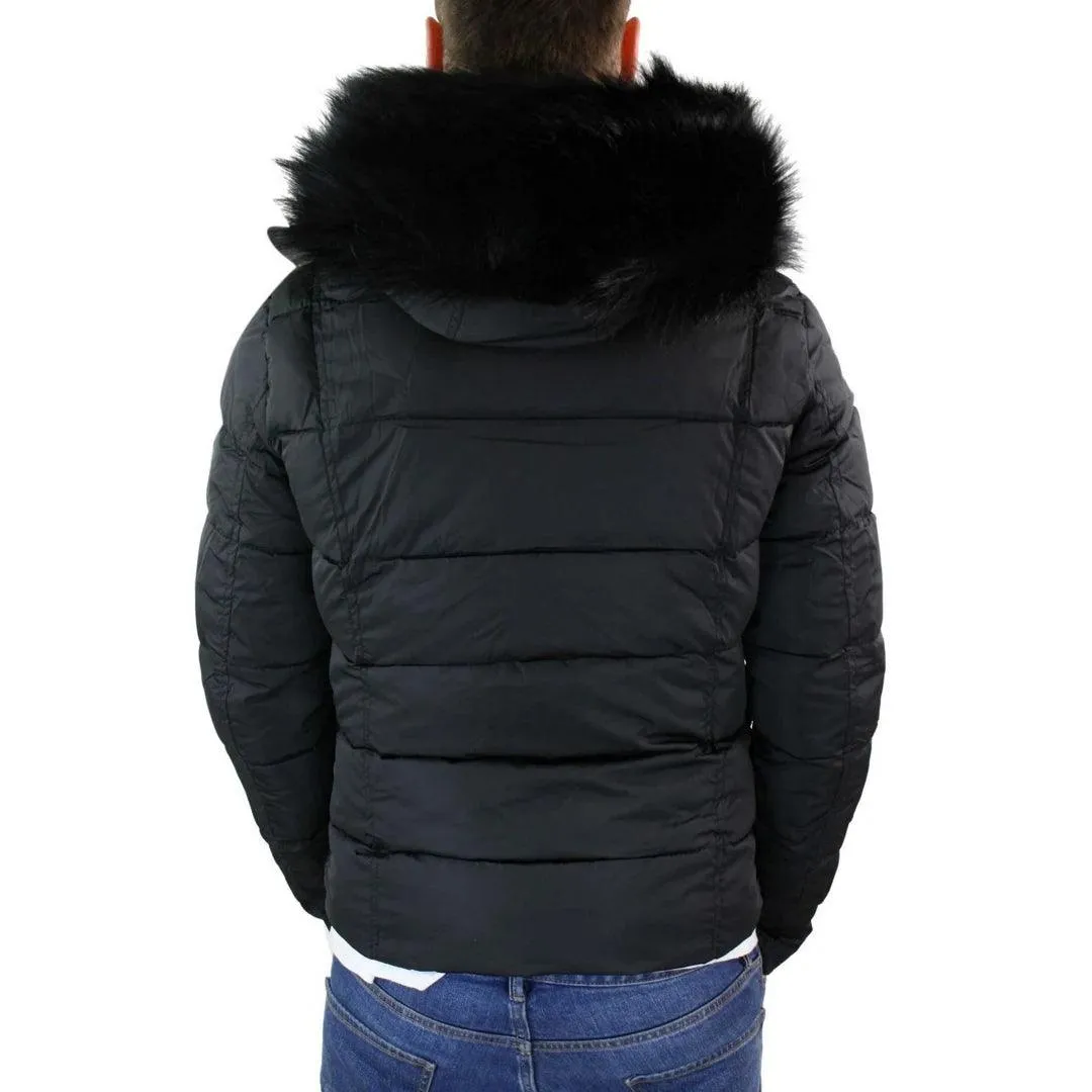 Mens Zip Hooded Fur Jacket Coat Puffer Quilted Warm Winter