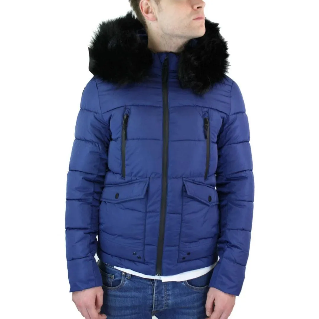 Mens Zip Hooded Fur Jacket Coat Puffer Quilted Warm Winter