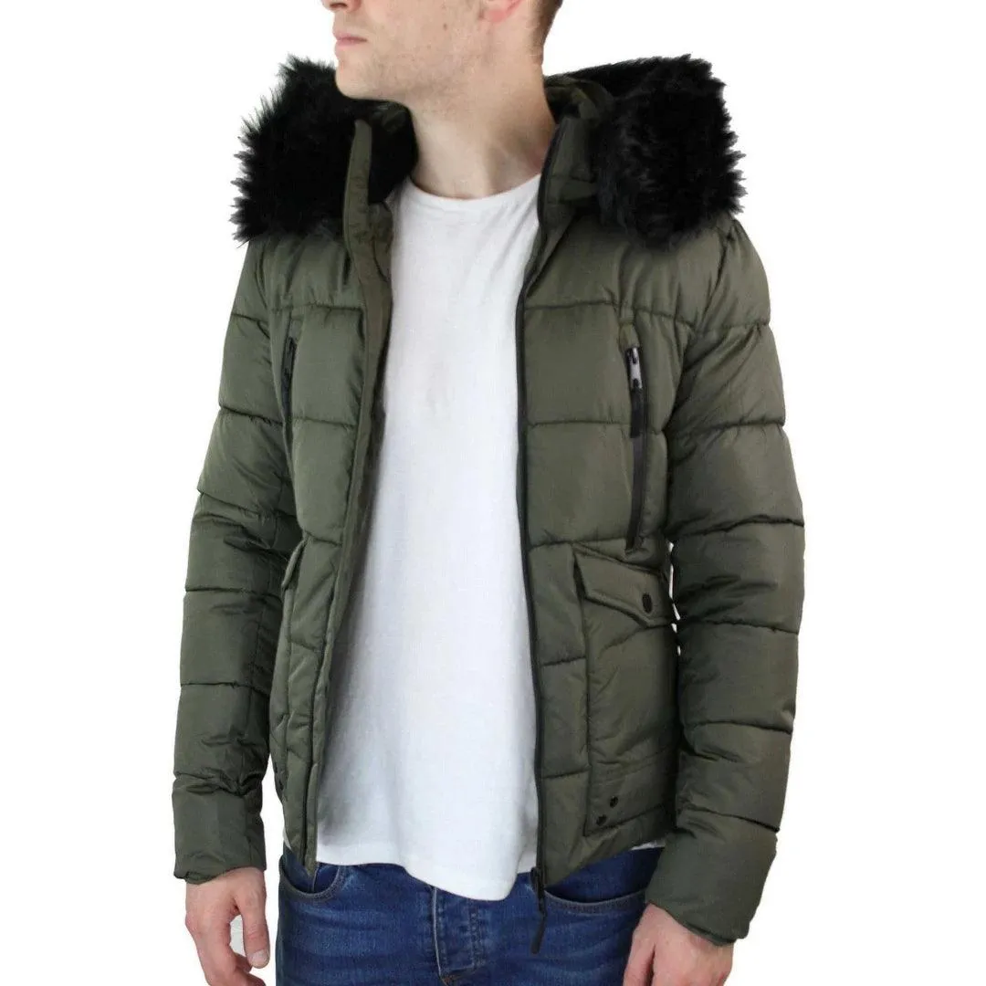 Mens Zip Hooded Fur Jacket Coat Puffer Quilted Warm Winter