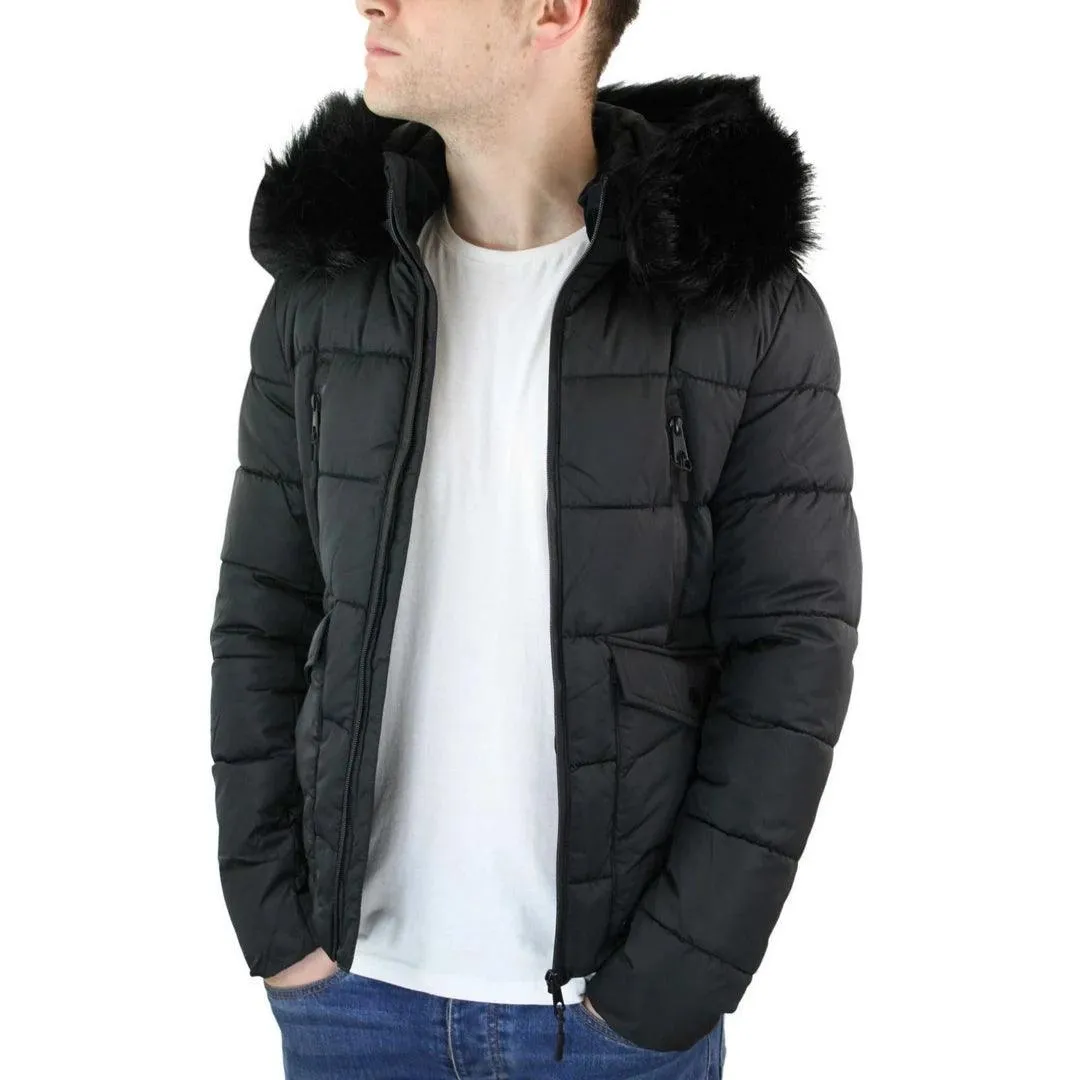 Mens Zip Hooded Fur Jacket Coat Puffer Quilted Warm Winter