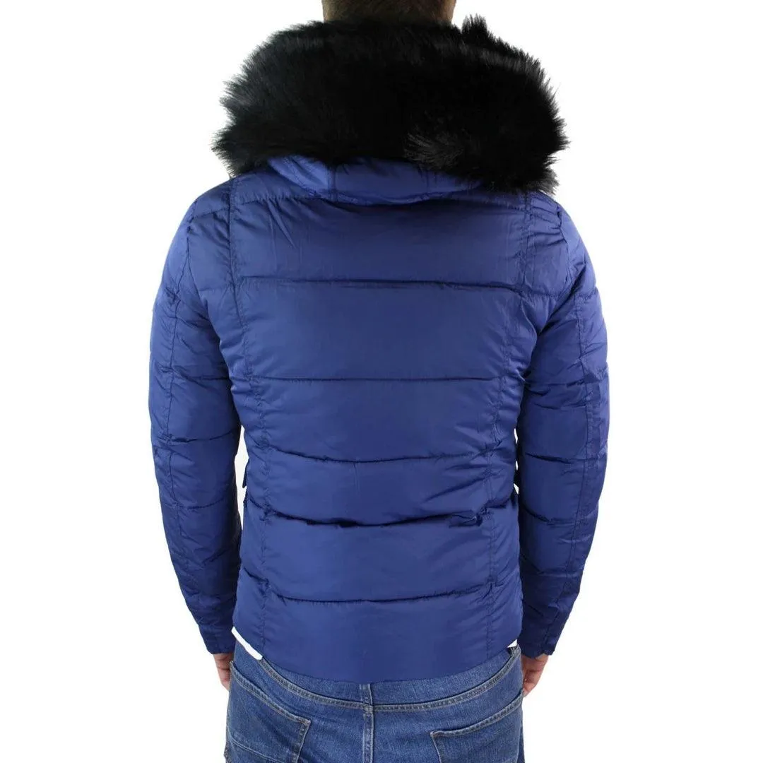 Mens Zip Hooded Fur Jacket Coat Puffer Quilted Warm Winter