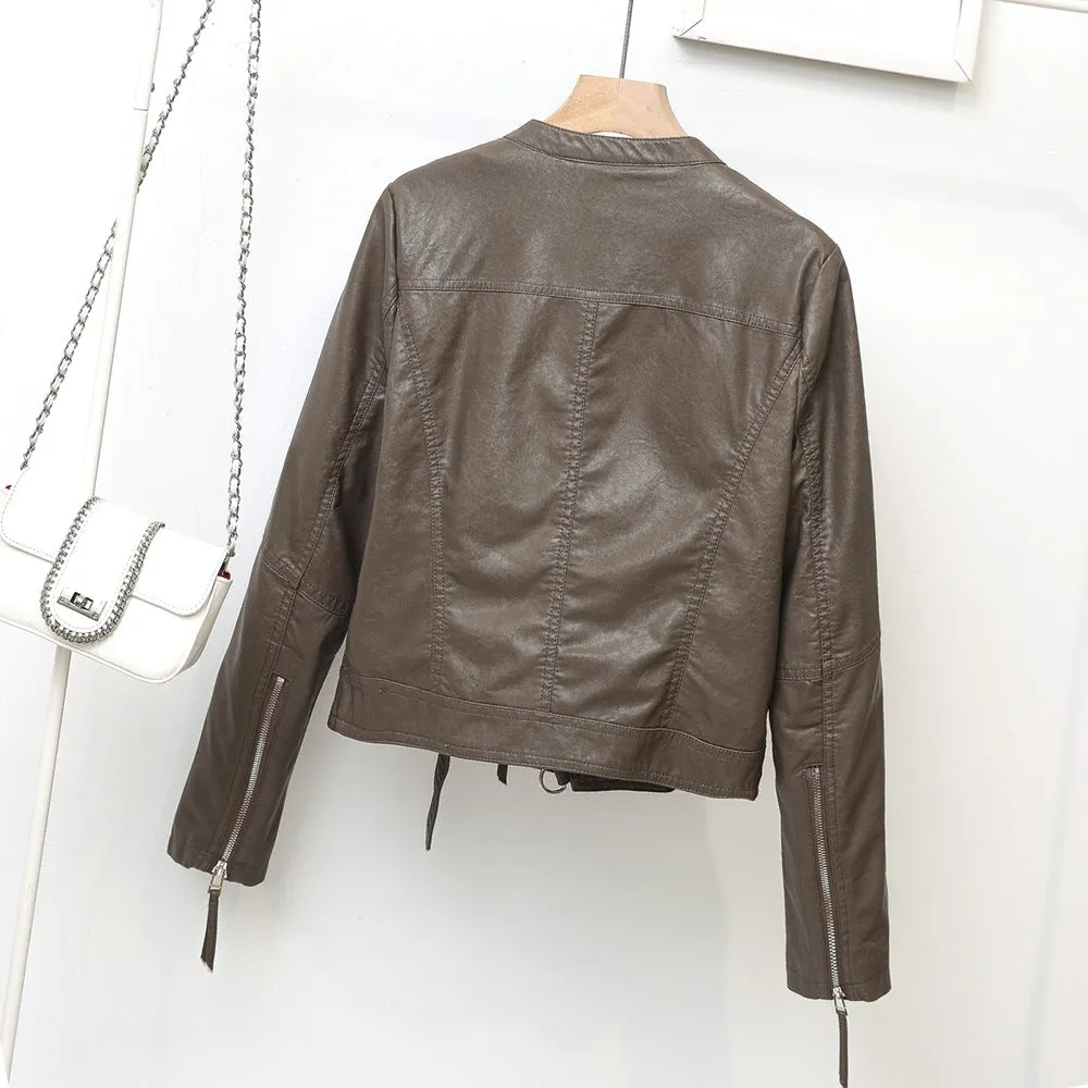 New autumn clothing new simple stand-up collar PU leather jacket women's short Korean version locomotive clothing slim leather jacket