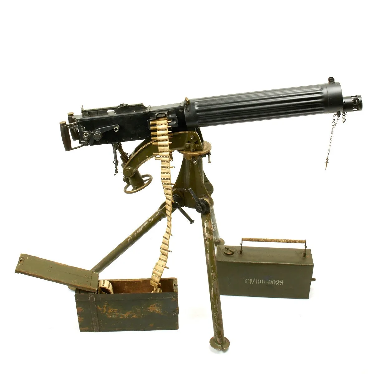 Original British WWI Fluted Vickers Display Machine Gun with Tripod and Accessories