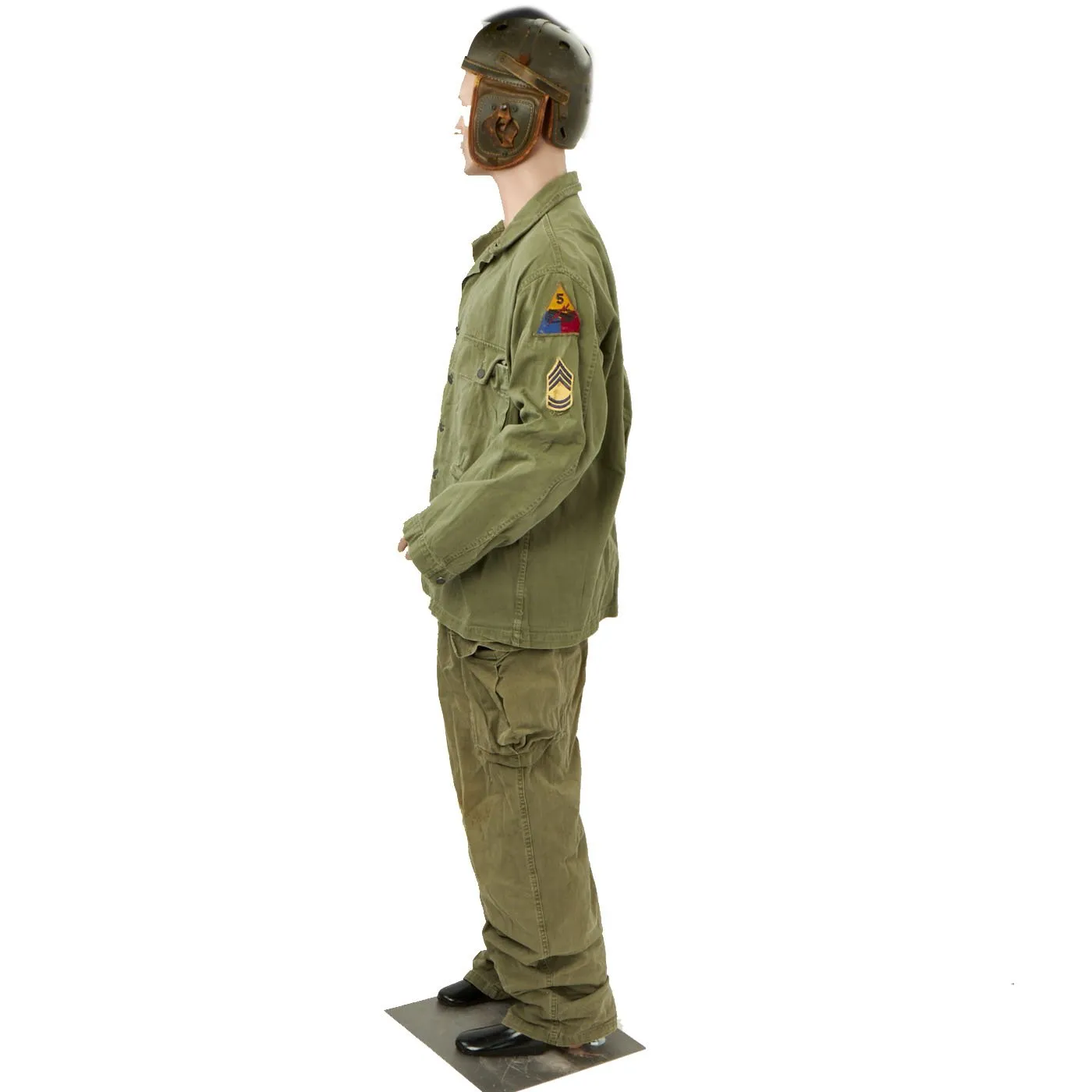 Original U.S. Korean War 5th Armored Division HBT Uniform and M38 Tanker Helmet by Spalding