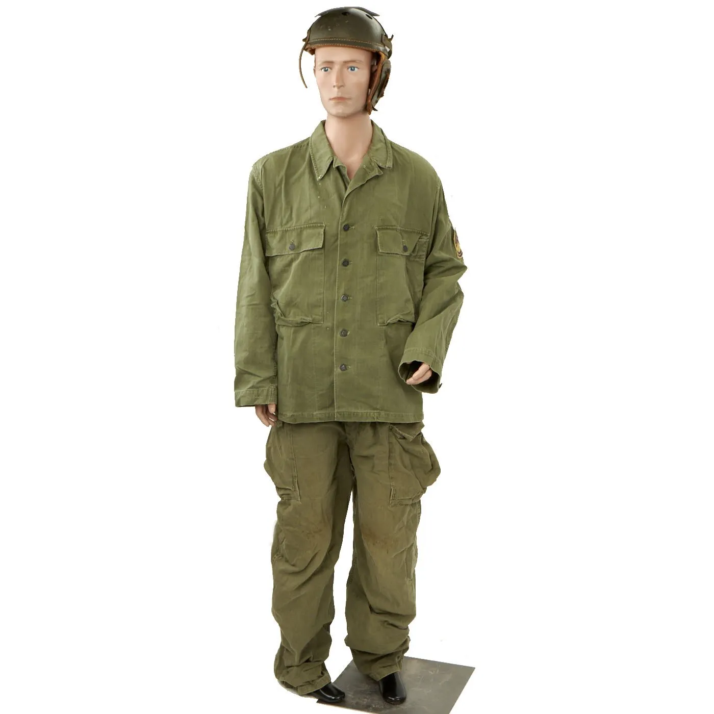 Original U.S. Korean War 5th Armored Division HBT Uniform and M38 Tanker Helmet by Spalding