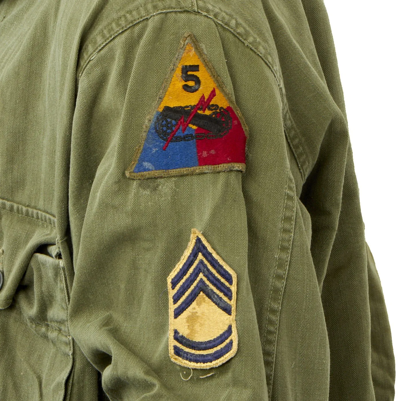 Original U.S. Korean War 5th Armored Division HBT Uniform and M38 Tanker Helmet by Spalding