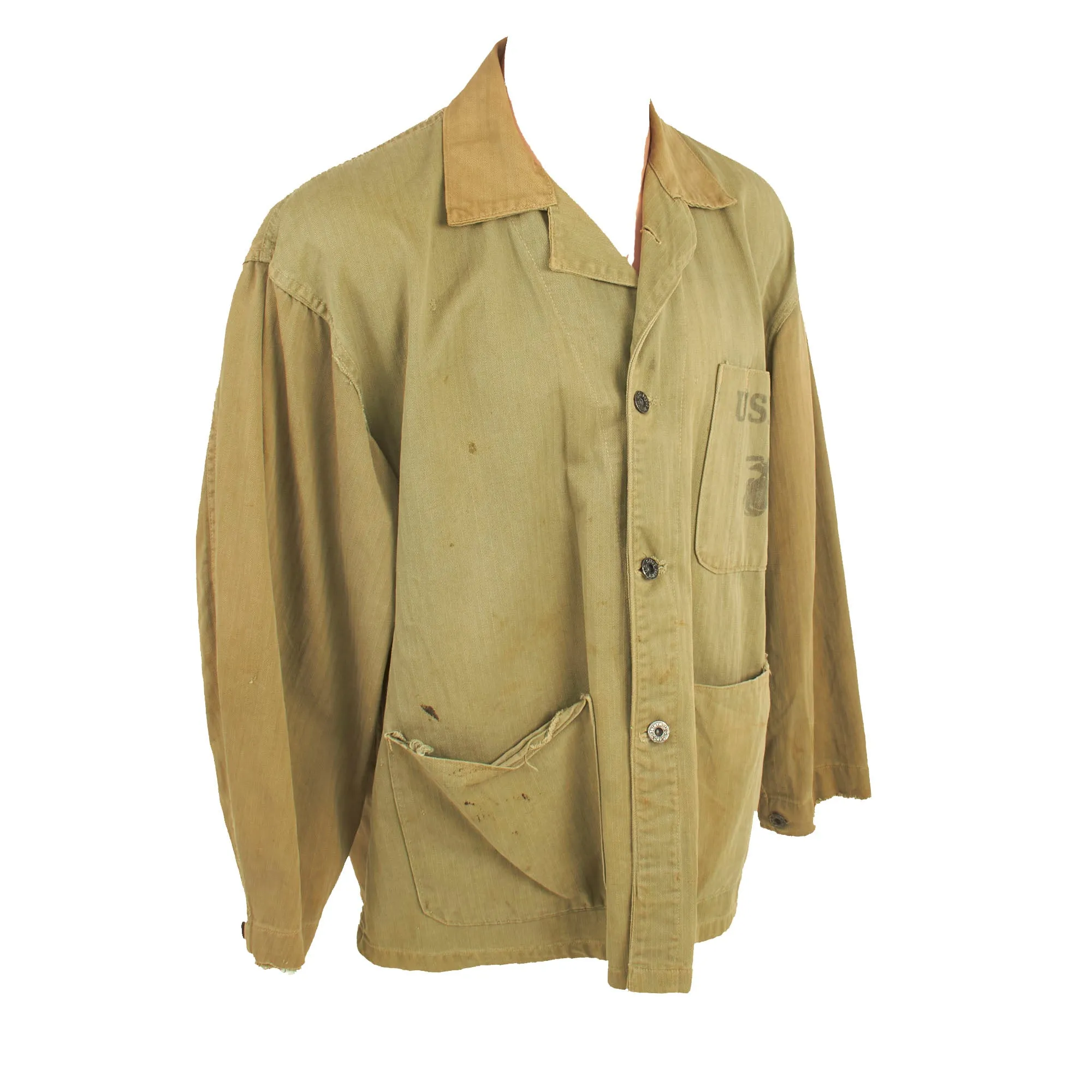 Original U.S. WWII USMC HBT Navy Corpsman Wounded In Action at Battle of Peleliu - Pharmacist Mate 1st Class Reed J. Perilloux - Herringbone Twill P41 Combat Jacket