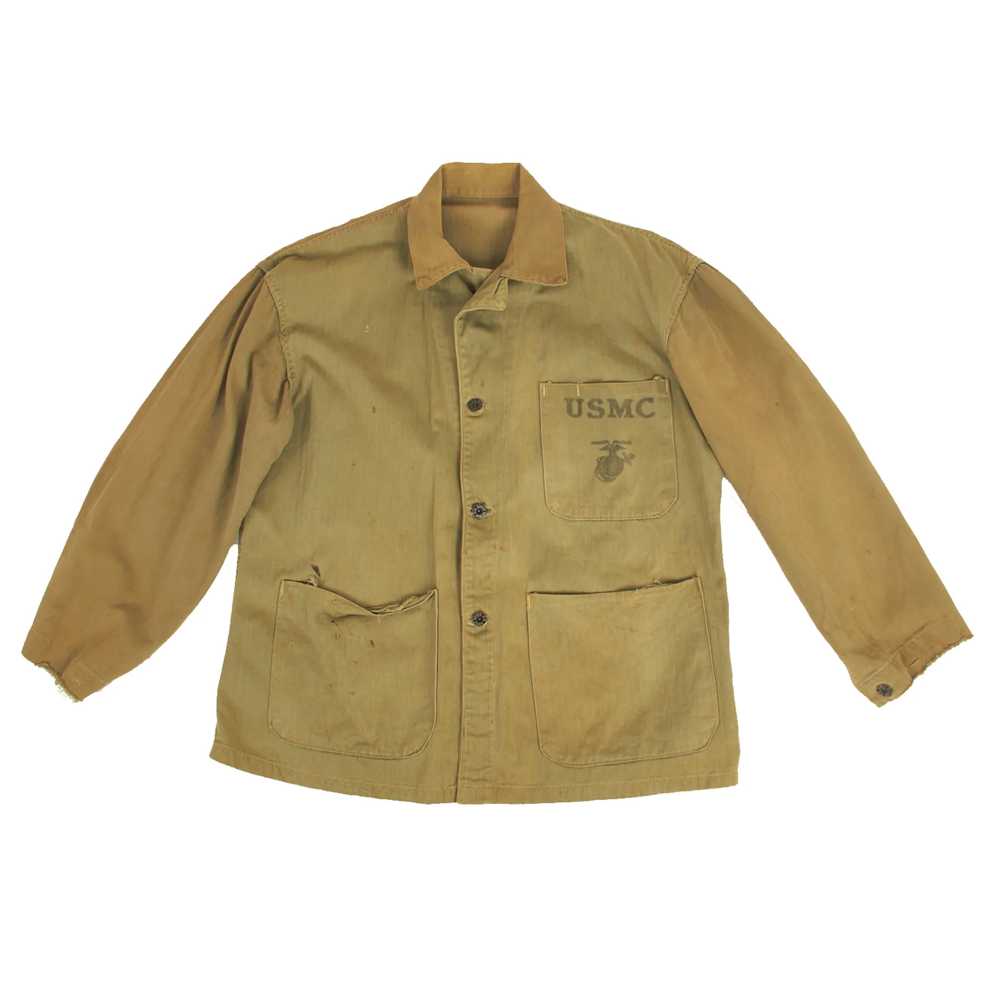 Original U.S. WWII USMC HBT Navy Corpsman Wounded In Action at Battle of Peleliu - Pharmacist Mate 1st Class Reed J. Perilloux - Herringbone Twill P41 Combat Jacket