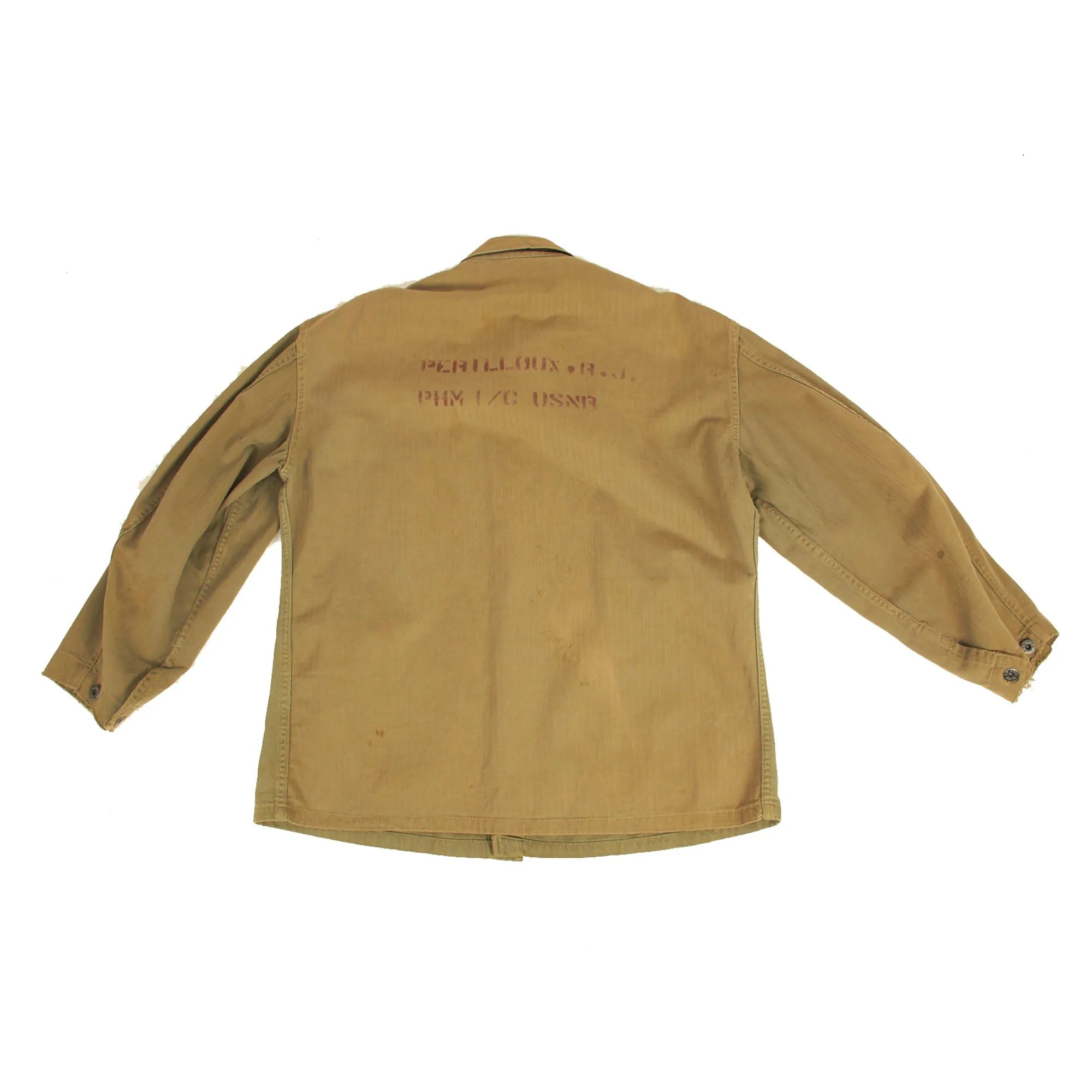 Original U.S. WWII USMC HBT Navy Corpsman Wounded In Action at Battle of Peleliu - Pharmacist Mate 1st Class Reed J. Perilloux - Herringbone Twill P41 Combat Jacket