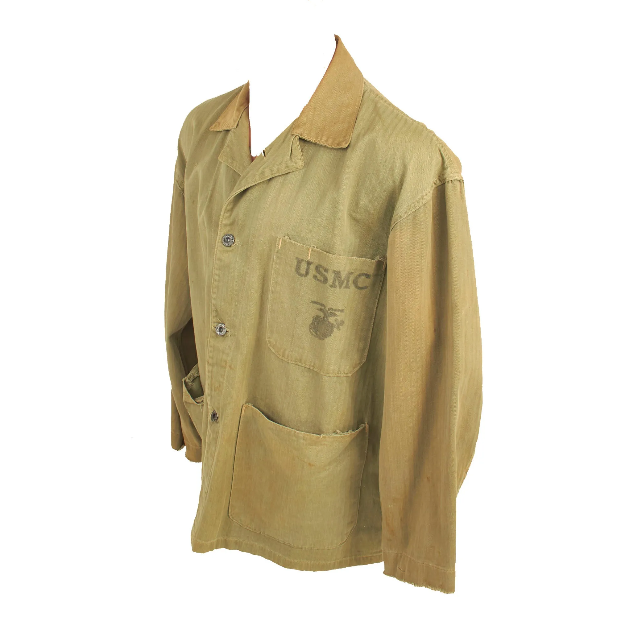 Original U.S. WWII USMC HBT Navy Corpsman Wounded In Action at Battle of Peleliu - Pharmacist Mate 1st Class Reed J. Perilloux - Herringbone Twill P41 Combat Jacket