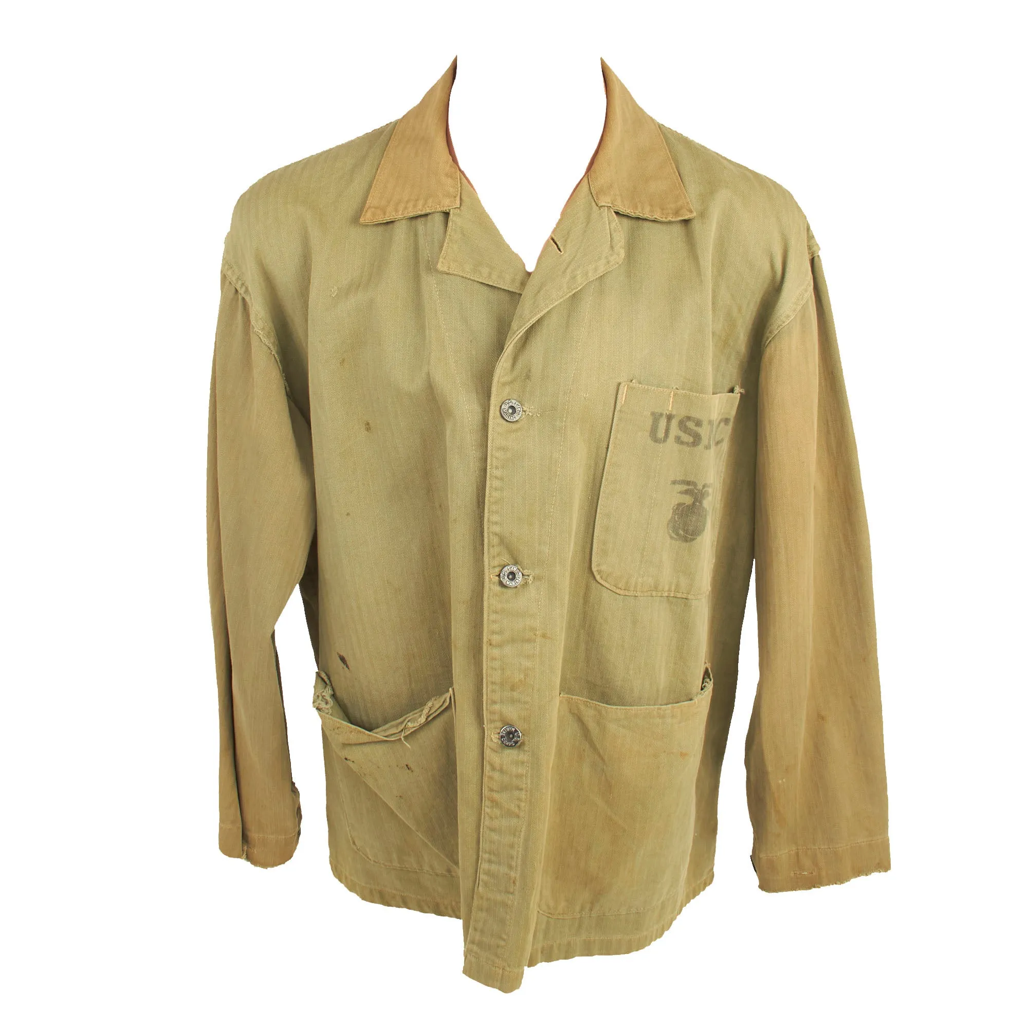 Original U.S. WWII USMC HBT Navy Corpsman Wounded In Action at Battle of Peleliu - Pharmacist Mate 1st Class Reed J. Perilloux - Herringbone Twill P41 Combat Jacket