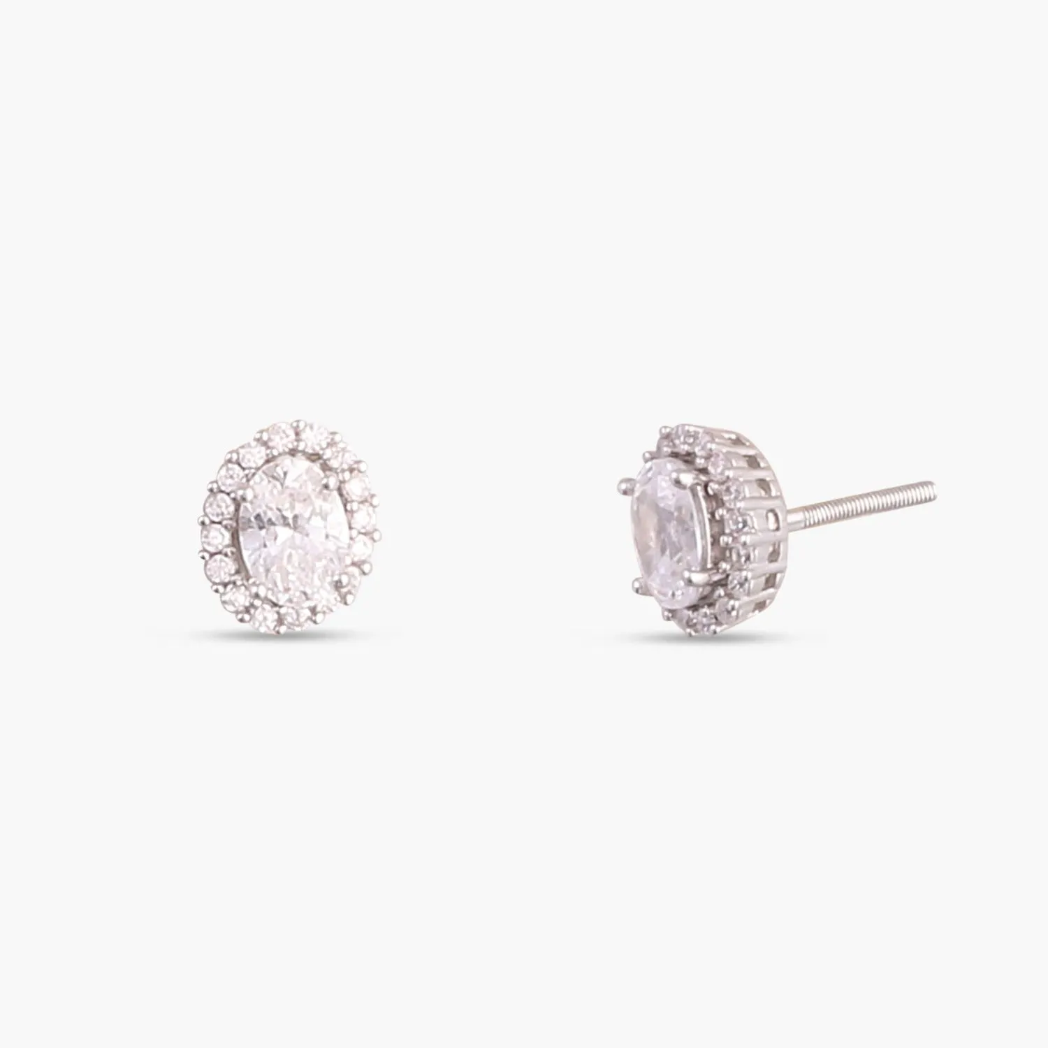 Oval CZ Solitaire and Halo Ear jacket Silver Stud Earrings