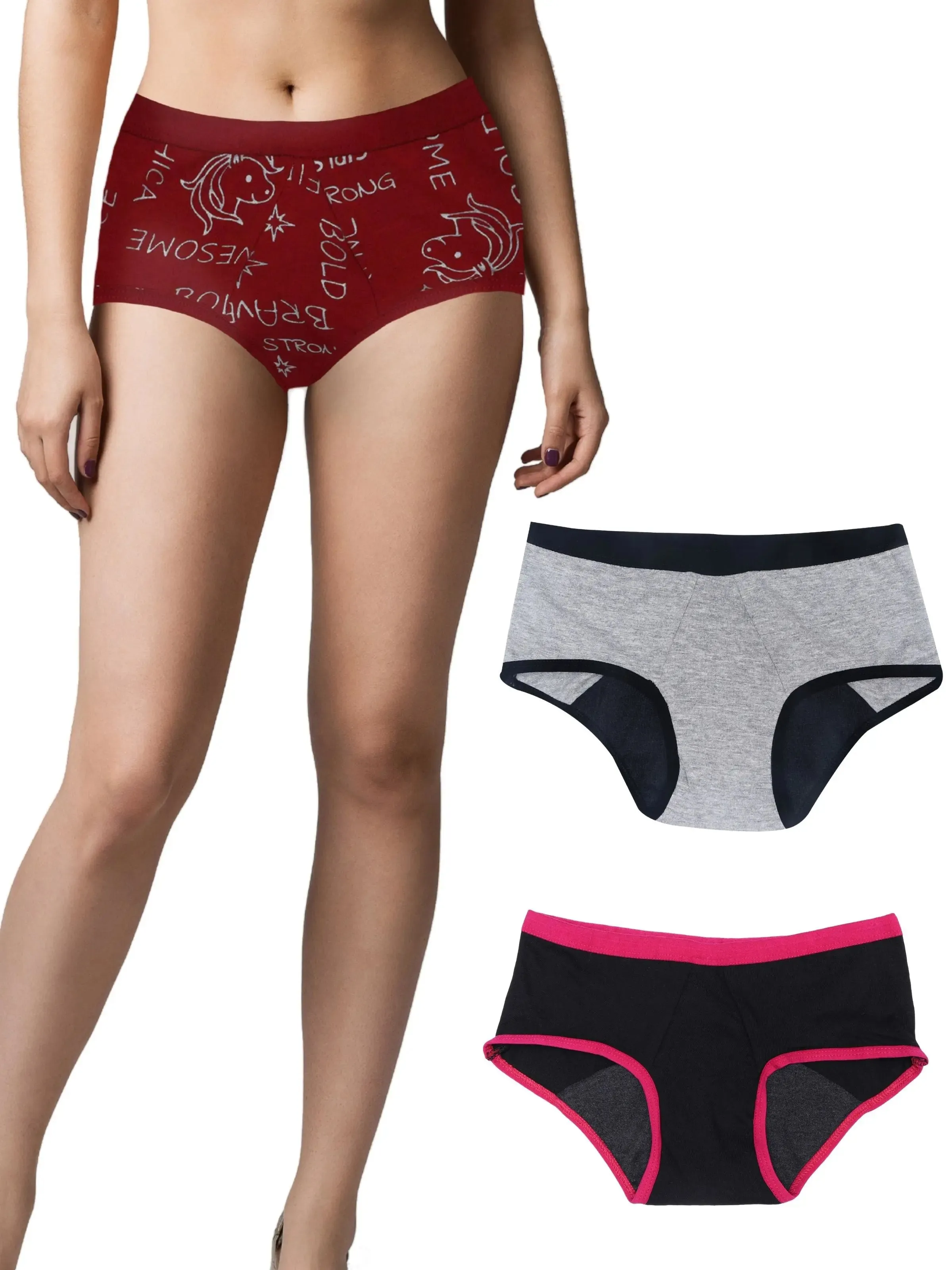 Period Panties | No Pad Needed | Rash Free | Leakproof | Reusable | Black, Grey & Printed Maroon Period Panty