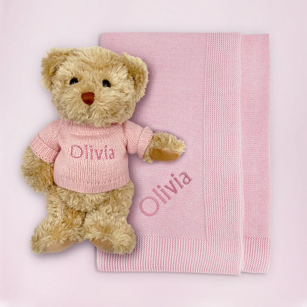 Personalised Bertie Bear with Blanket, Pink