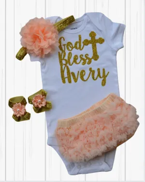 Personalized Peach Baptism after party baby girl outfit, God bless personalized glitter bodysuit outfit baby girl baptism gift headband