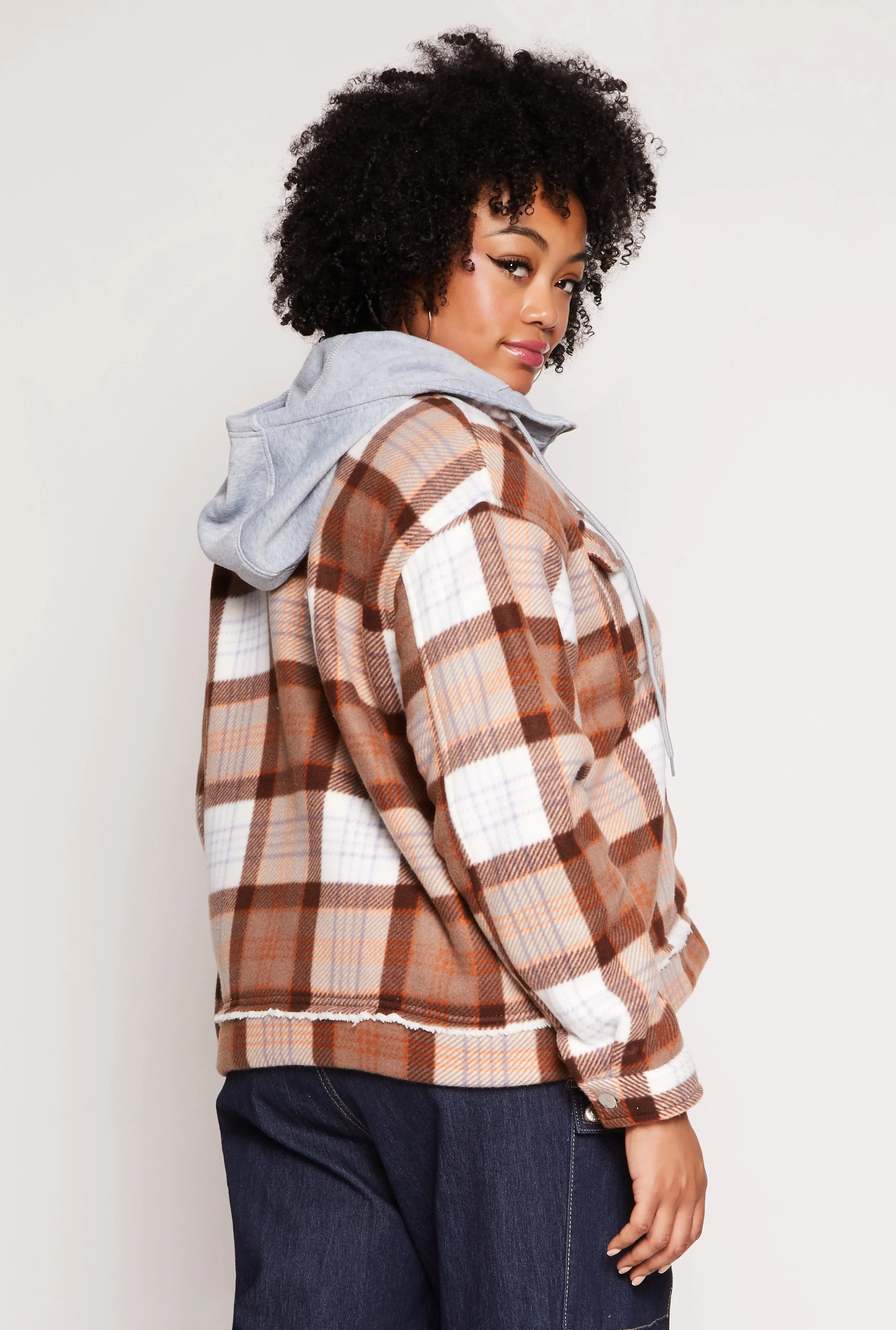 Plus Size Plaid Hooded Zip Front Jacket