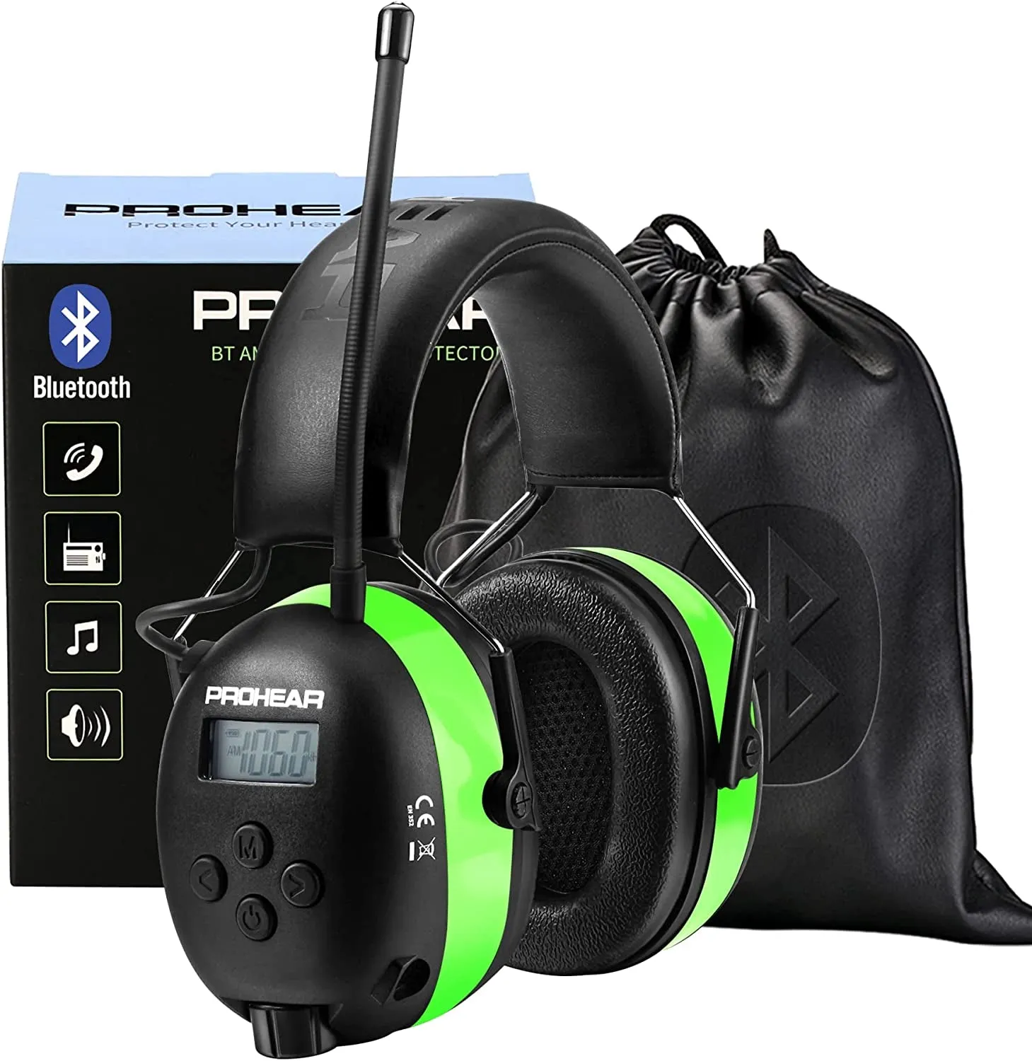 PROHEAR 033 Upgraded 5.1 Bluetooth Hearing Protection AM FM Radio Headphones, Noise Reduction Safety Earmuffs with Rechargeable 2000 Mah Battery, Ear Protector for Mowing Lawn Work - Green