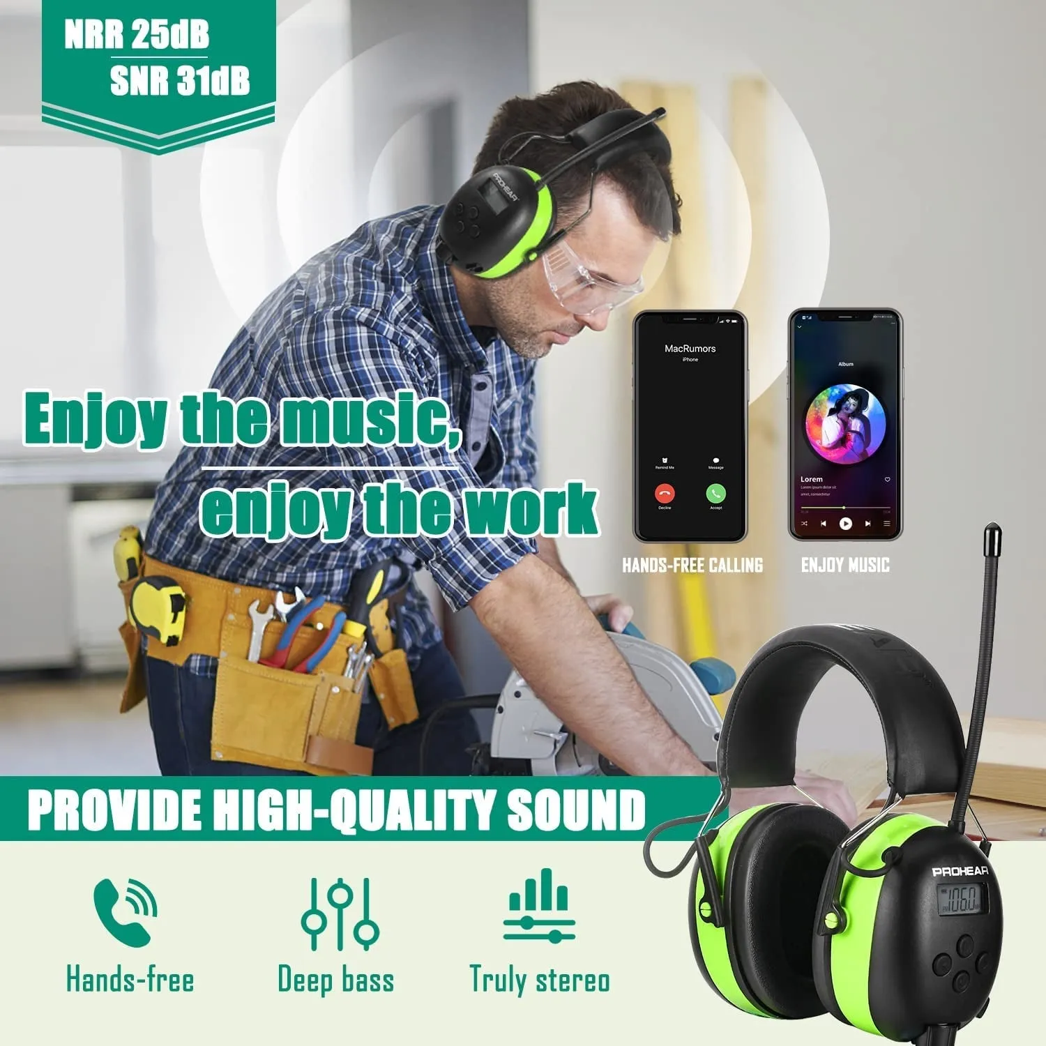 PROHEAR 033 Upgraded 5.1 Bluetooth Hearing Protection AM FM Radio Headphones, Noise Reduction Safety Earmuffs with Rechargeable 2000 Mah Battery, Ear Protector for Mowing Lawn Work - Green