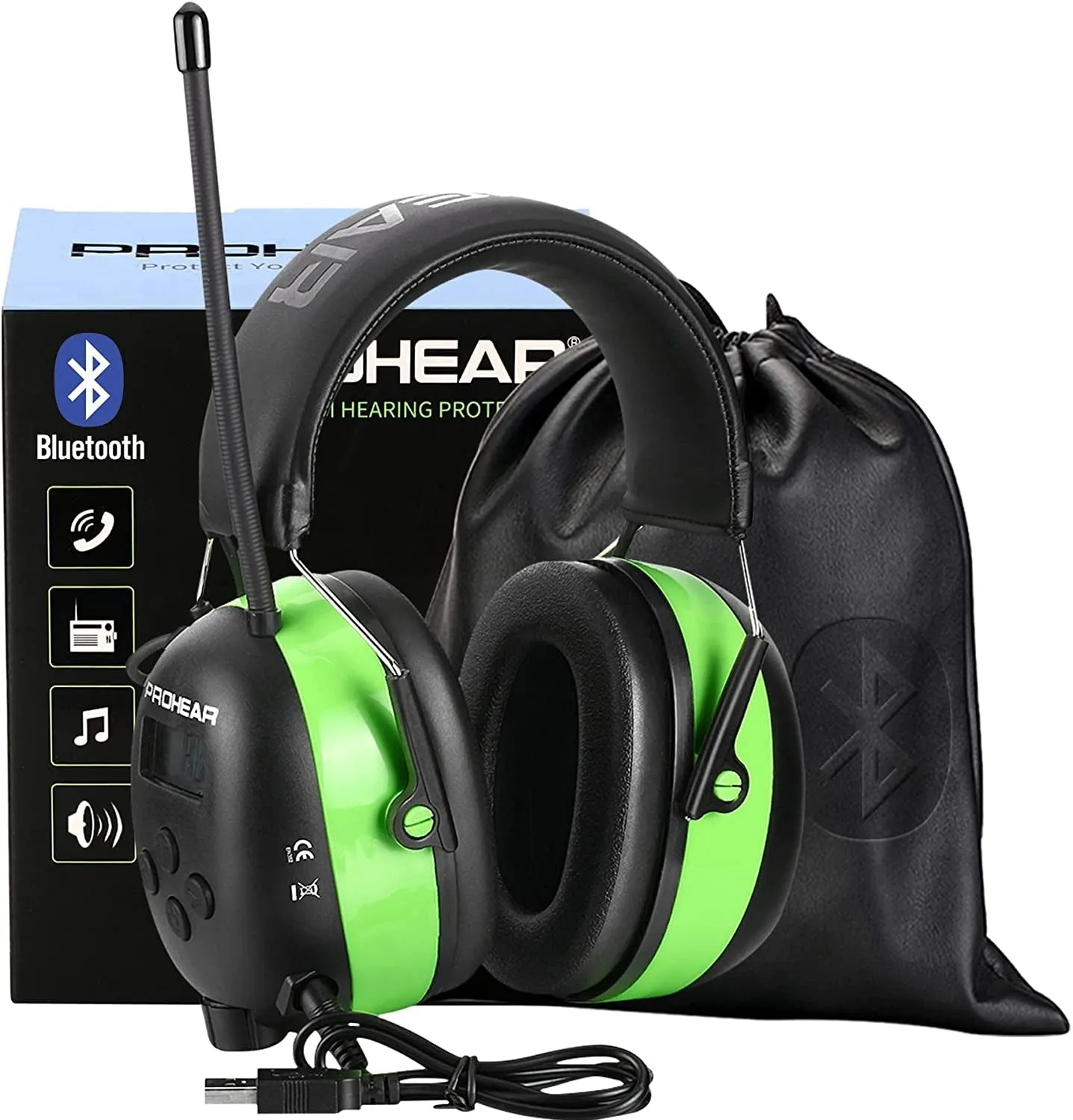 PROHEAR 033 Upgraded 5.1 Bluetooth Hearing Protection AM FM Radio Headphones, Noise Reduction Safety Earmuffs with Rechargeable 2000 Mah Battery, Ear Protector for Mowing Lawn Work - Green