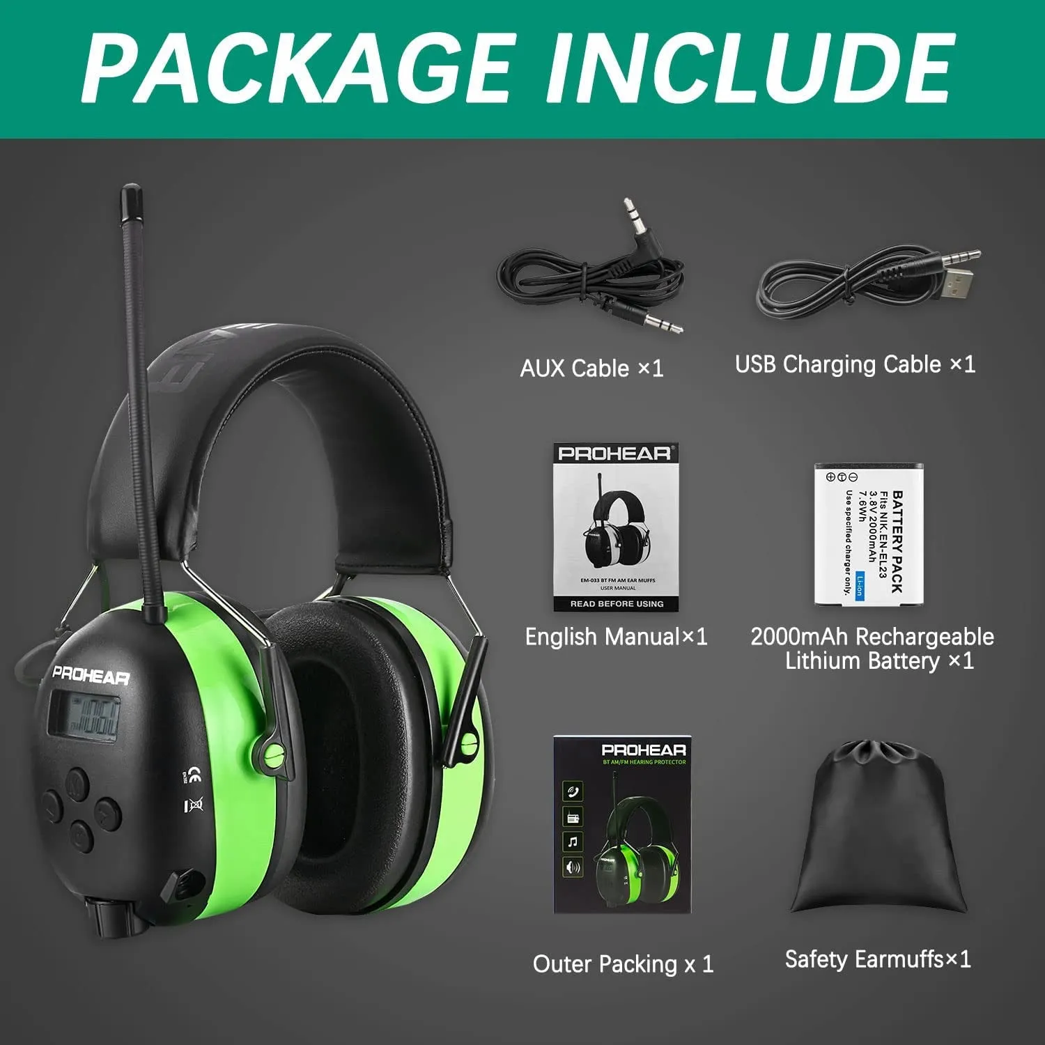 PROHEAR 033 Upgraded 5.1 Bluetooth Hearing Protection AM FM Radio Headphones, Noise Reduction Safety Earmuffs with Rechargeable 2000 Mah Battery, Ear Protector for Mowing Lawn Work - Green