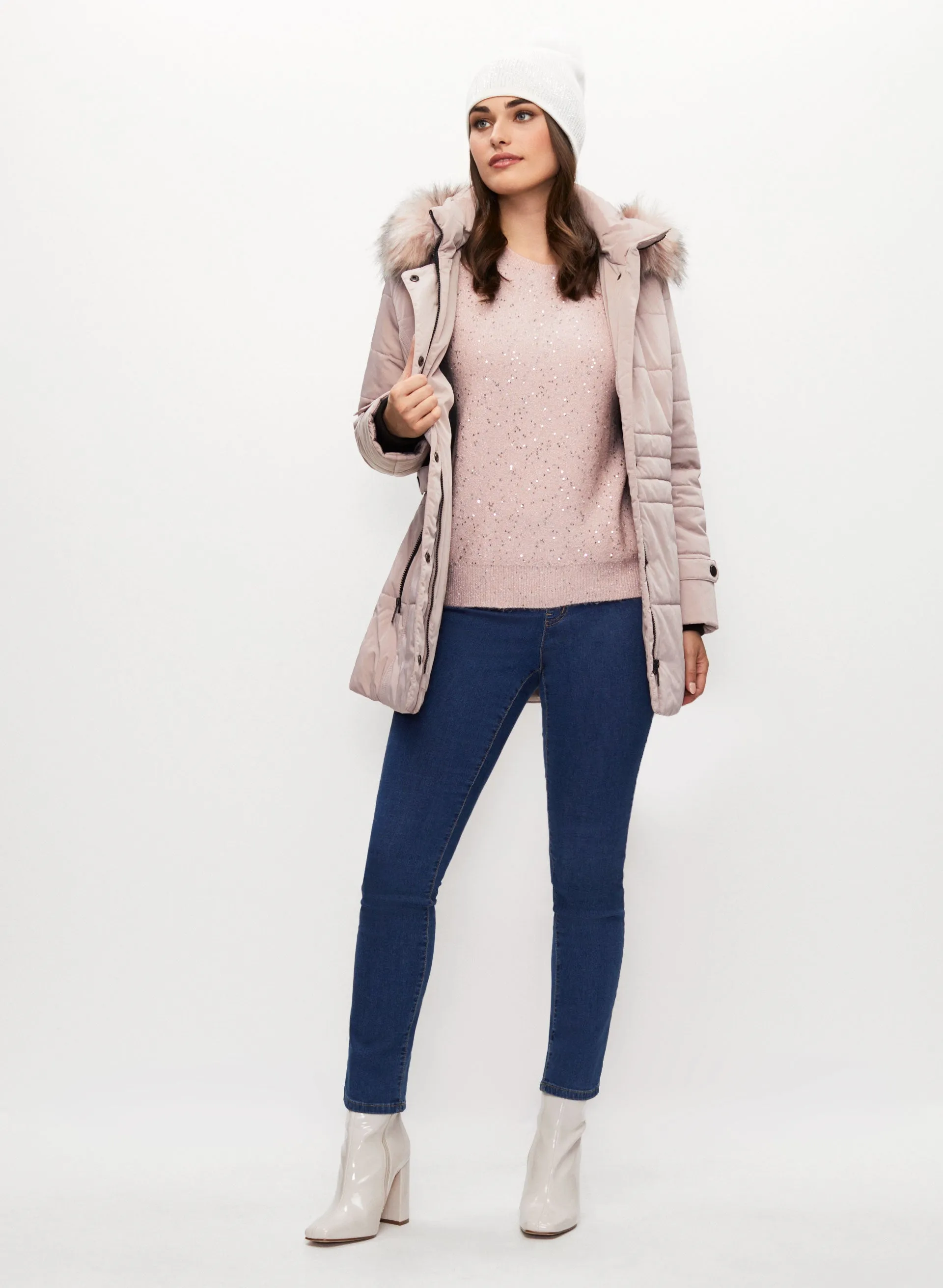 Quilted Coat, Sequin Sweater & Jeans