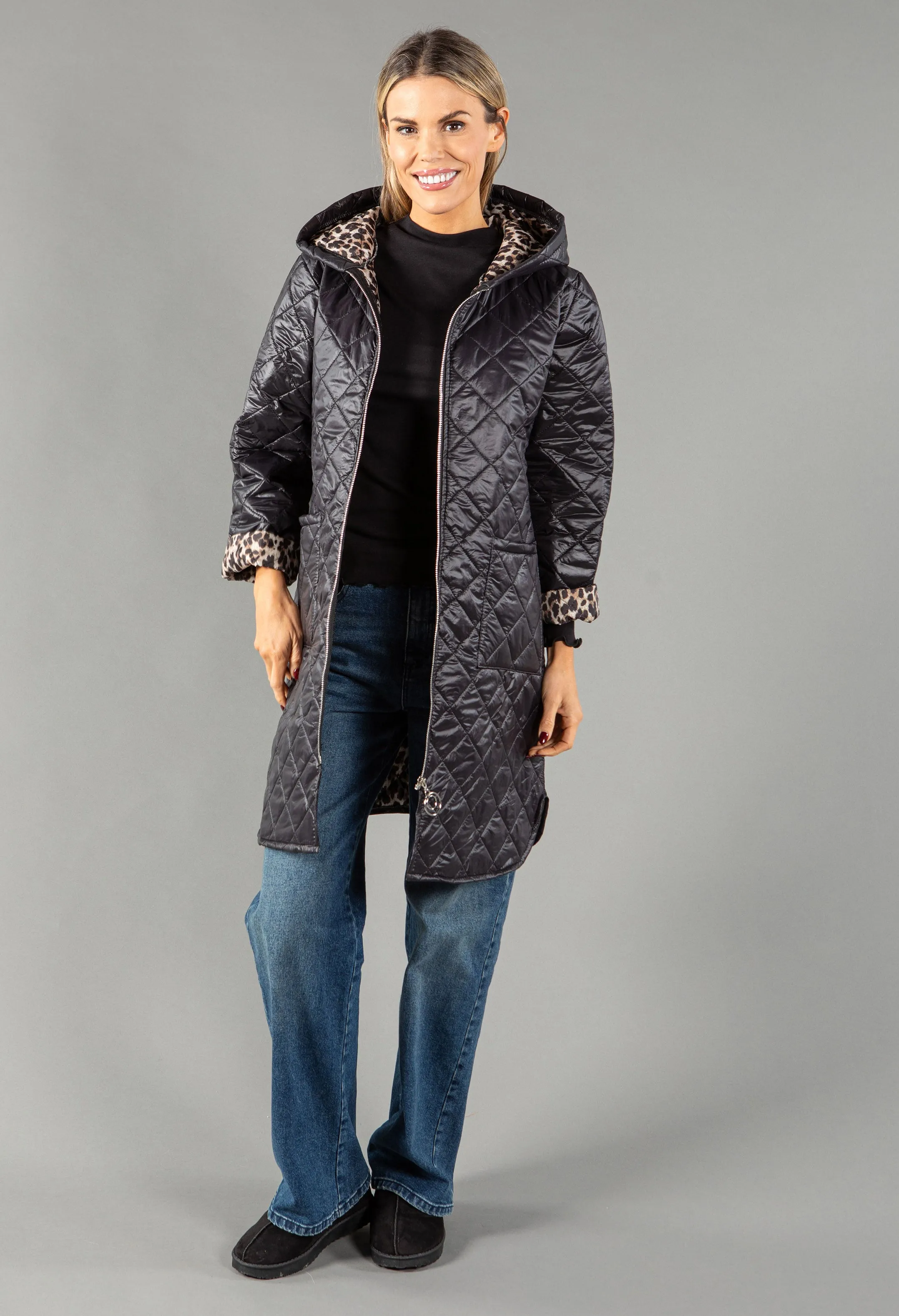 Quilted Coat with Leopard Lining